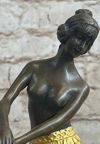 Semi Nude Female Hawaiian Dancer Girl Hula Skirt Bronze Statue Sculpture Figure Gold Patina