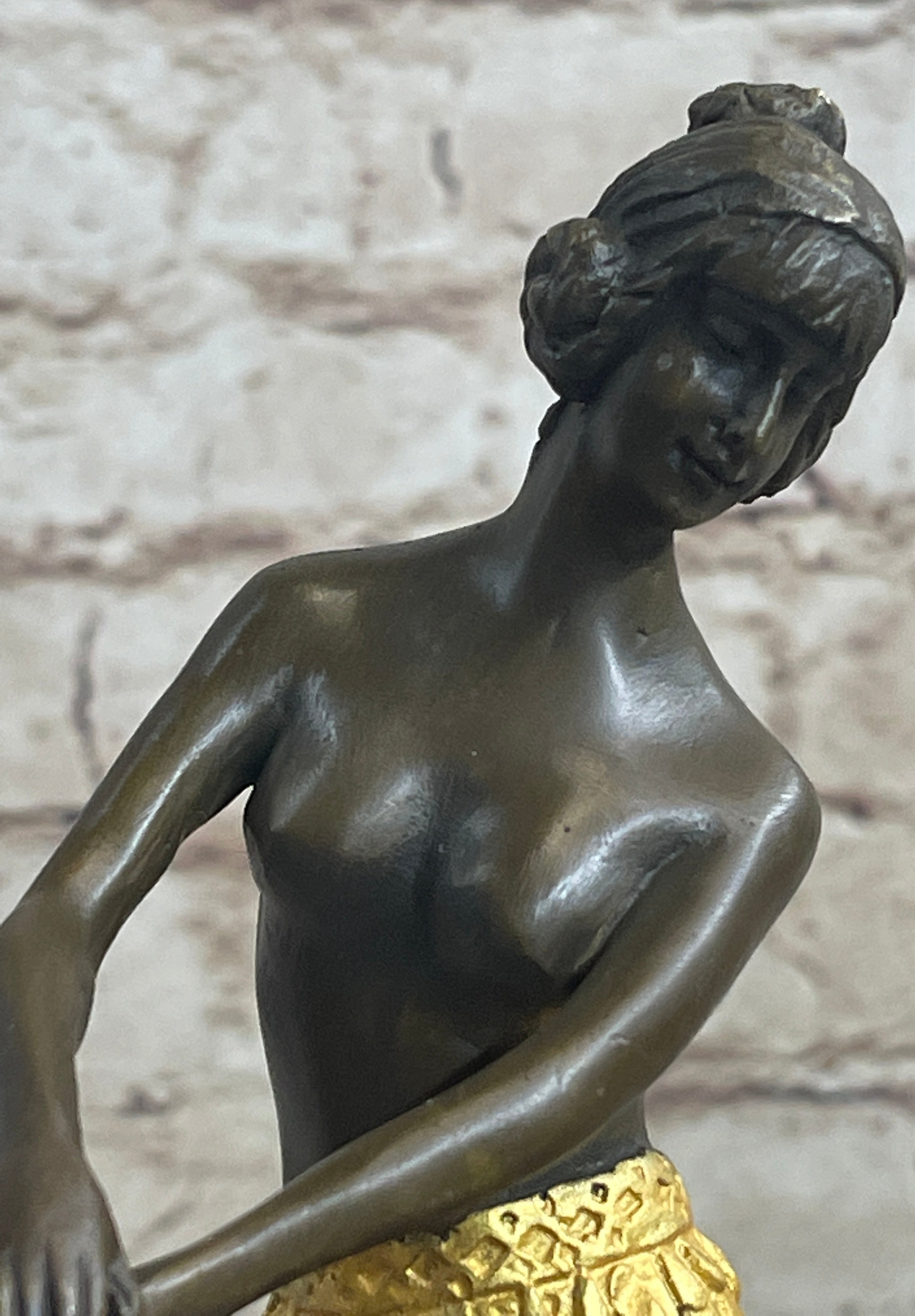 Semi Nude Female Hawaiian Dancer Girl Hula Skirt Bronze Statue Sculpture Figure Gold Patina
