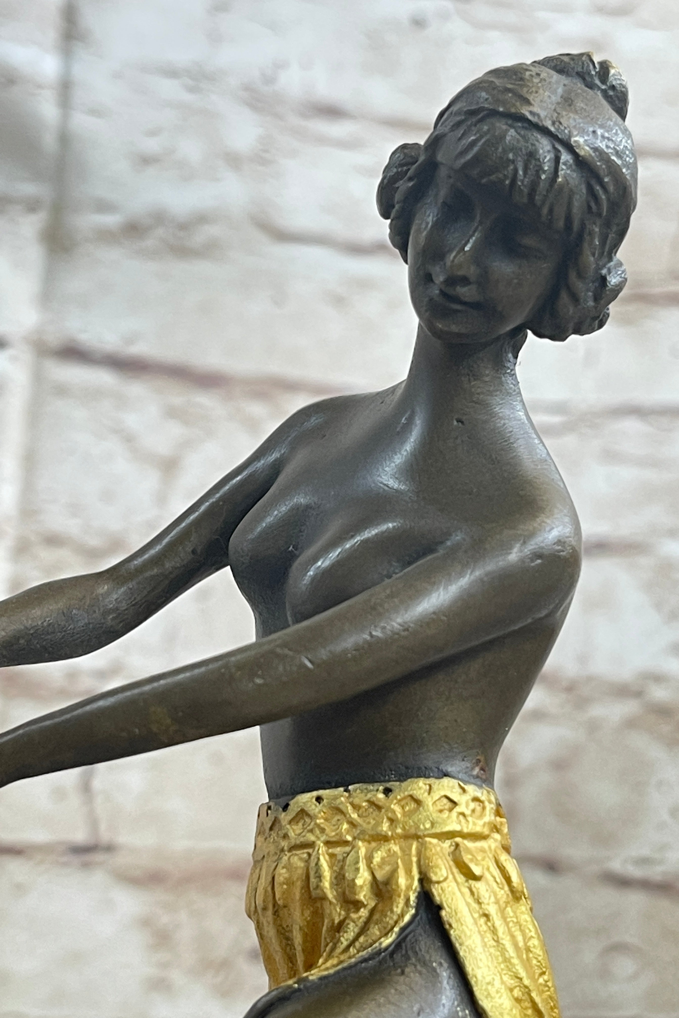 Semi Nude Female Hawaiian Dancer Girl Hula Skirt Bronze Statue Sculpture Figure Gold Patina