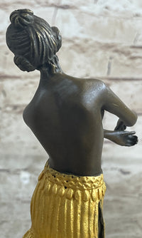 Semi Nude Female Hawaiian Dancer Girl Hula Skirt Bronze Statue Sculpture Figure Gold Patina