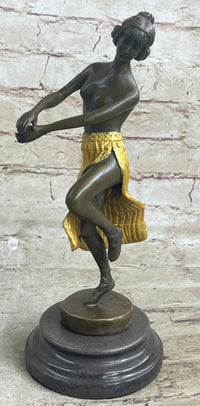 Semi Nude Female Hawaiian Dancer Girl Hula Skirt Bronze Statue Sculpture Figure Gold Patina