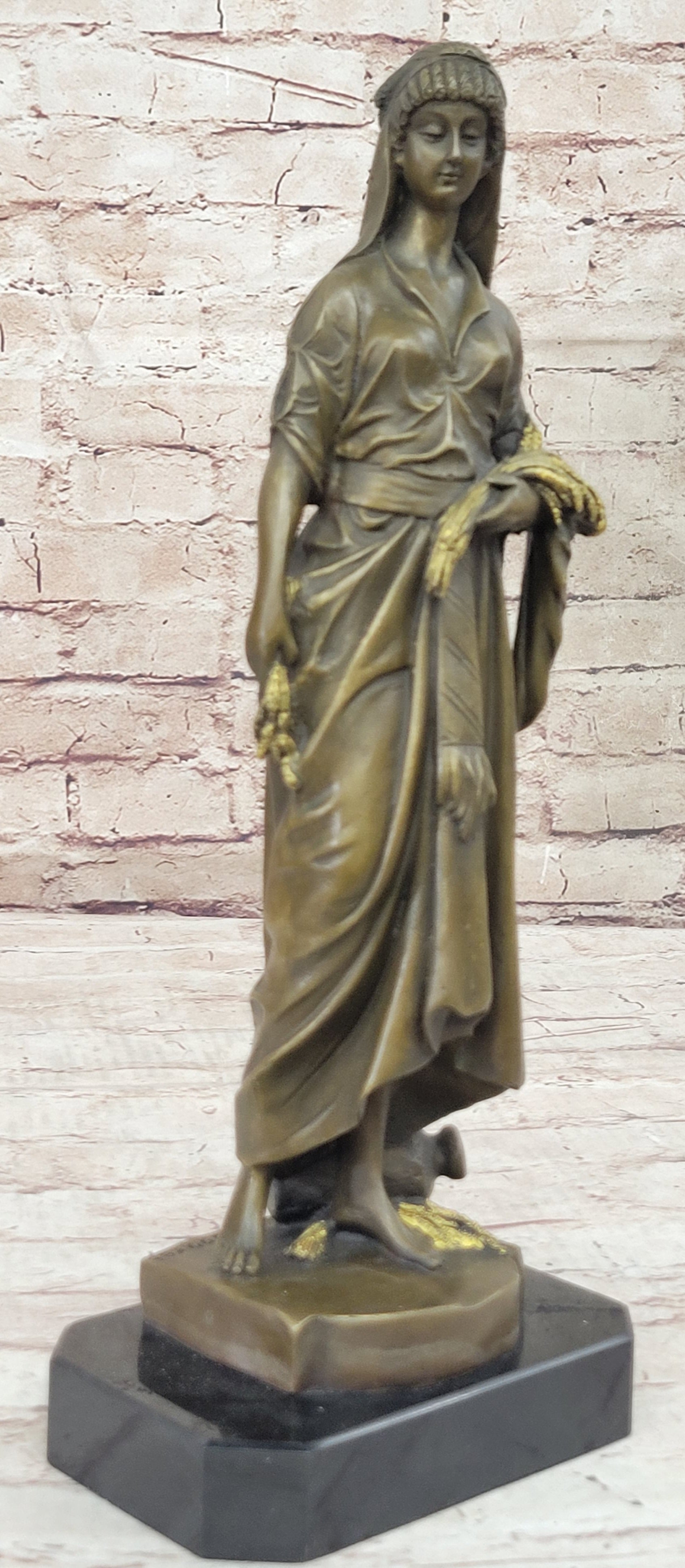 Bouret Maiden Girl Gold Patina Bronze Sculpture