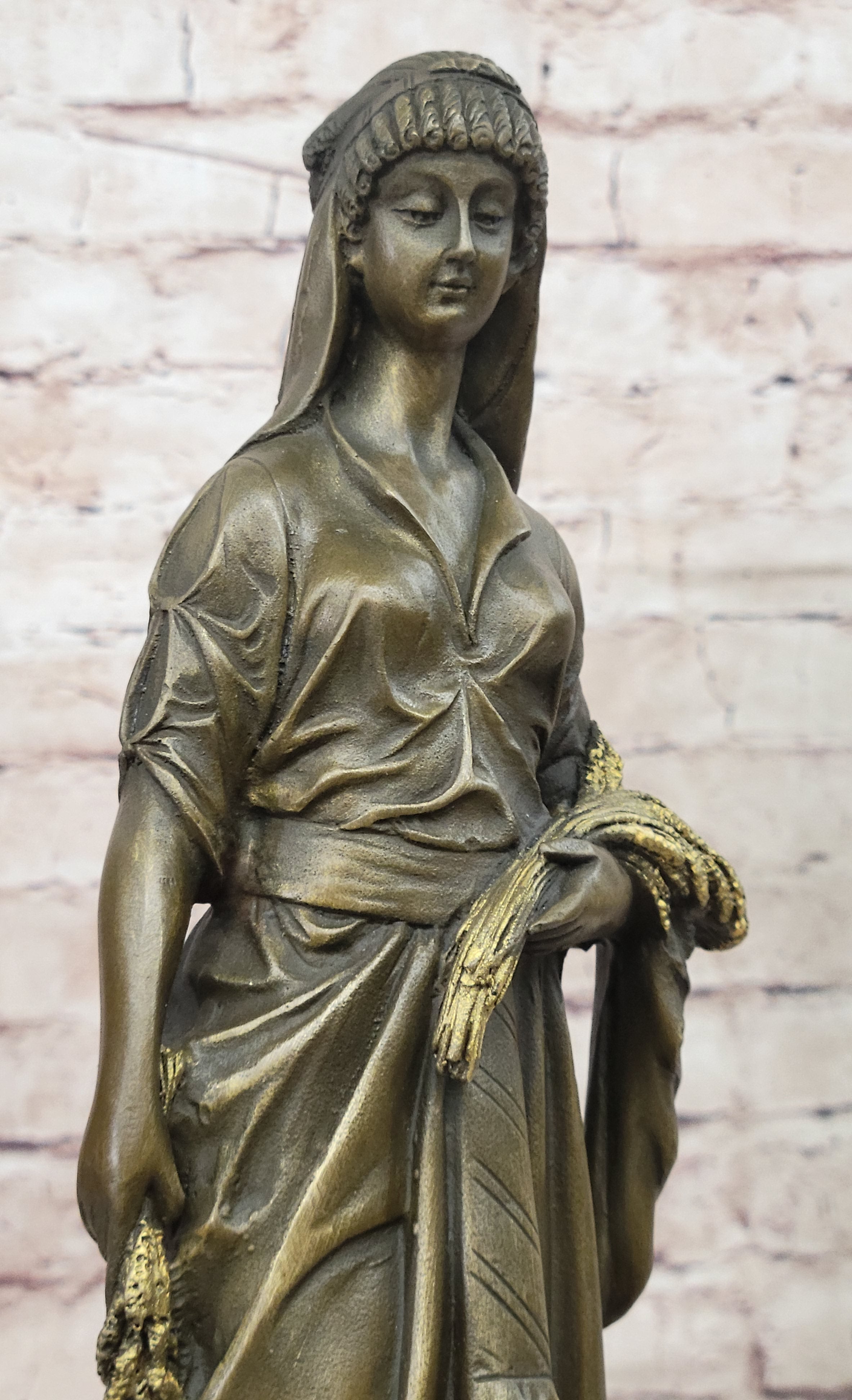 Bouret Maiden Girl Gold Patina Bronze Sculpture