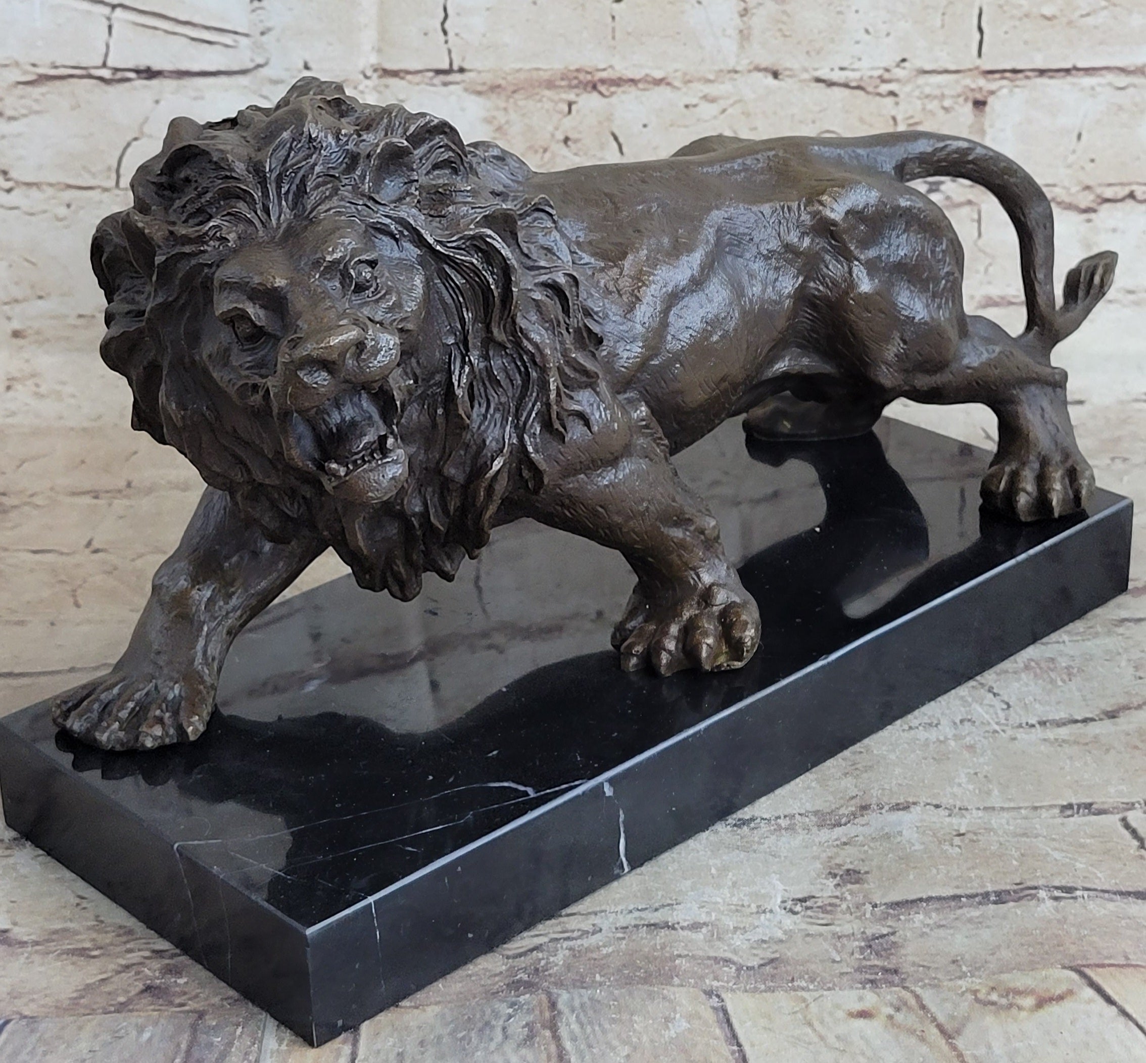 Bronze Angry Hungry Male Lion Art Deco Marble Base