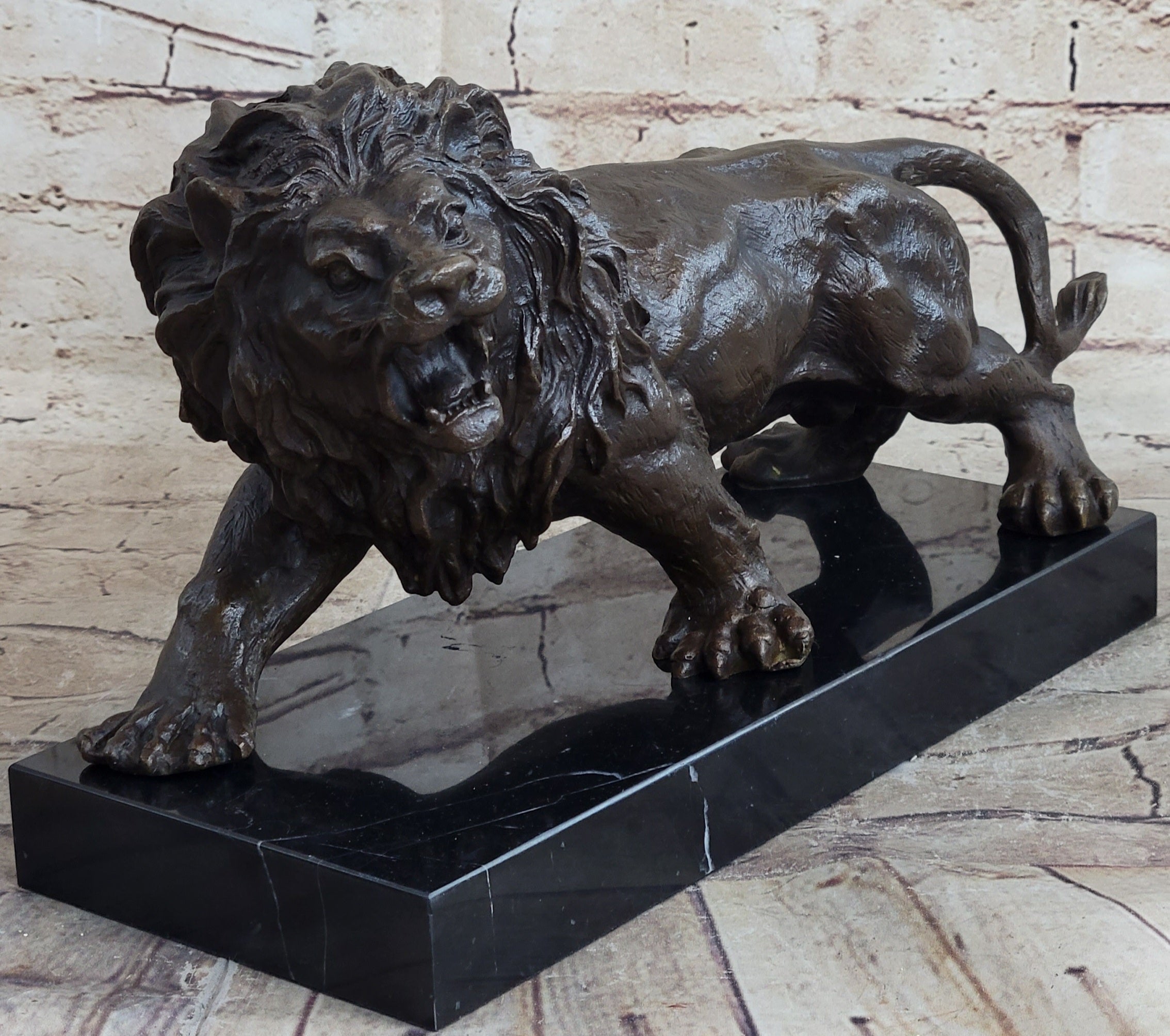 Bronze Angry Hungry Male Lion Art Deco Marble Base