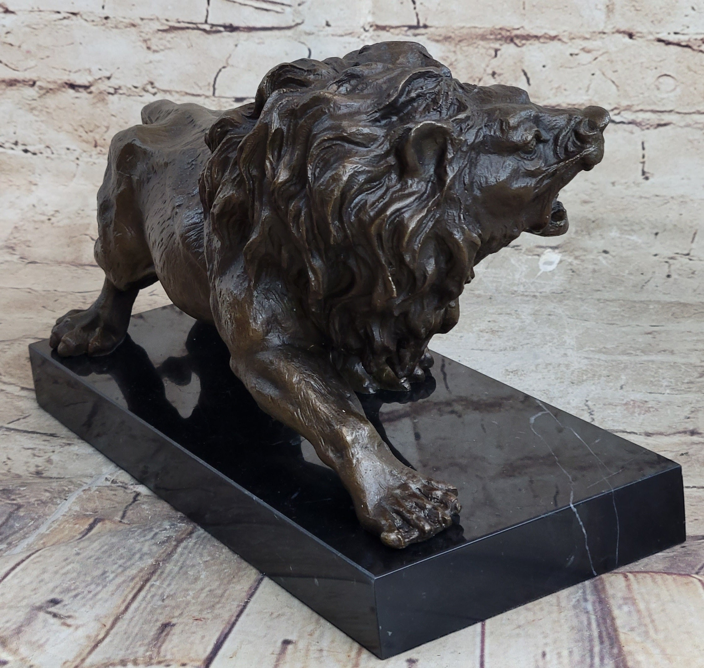 Bronze Angry Hungry Male Lion Art Deco Marble Base
