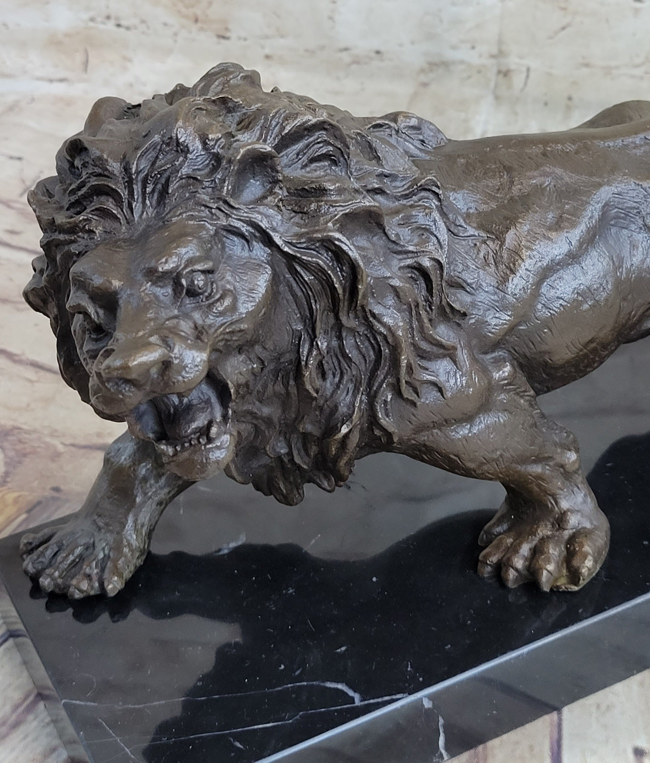 Bronze Angry Hungry Male Lion Art Deco Marble Base