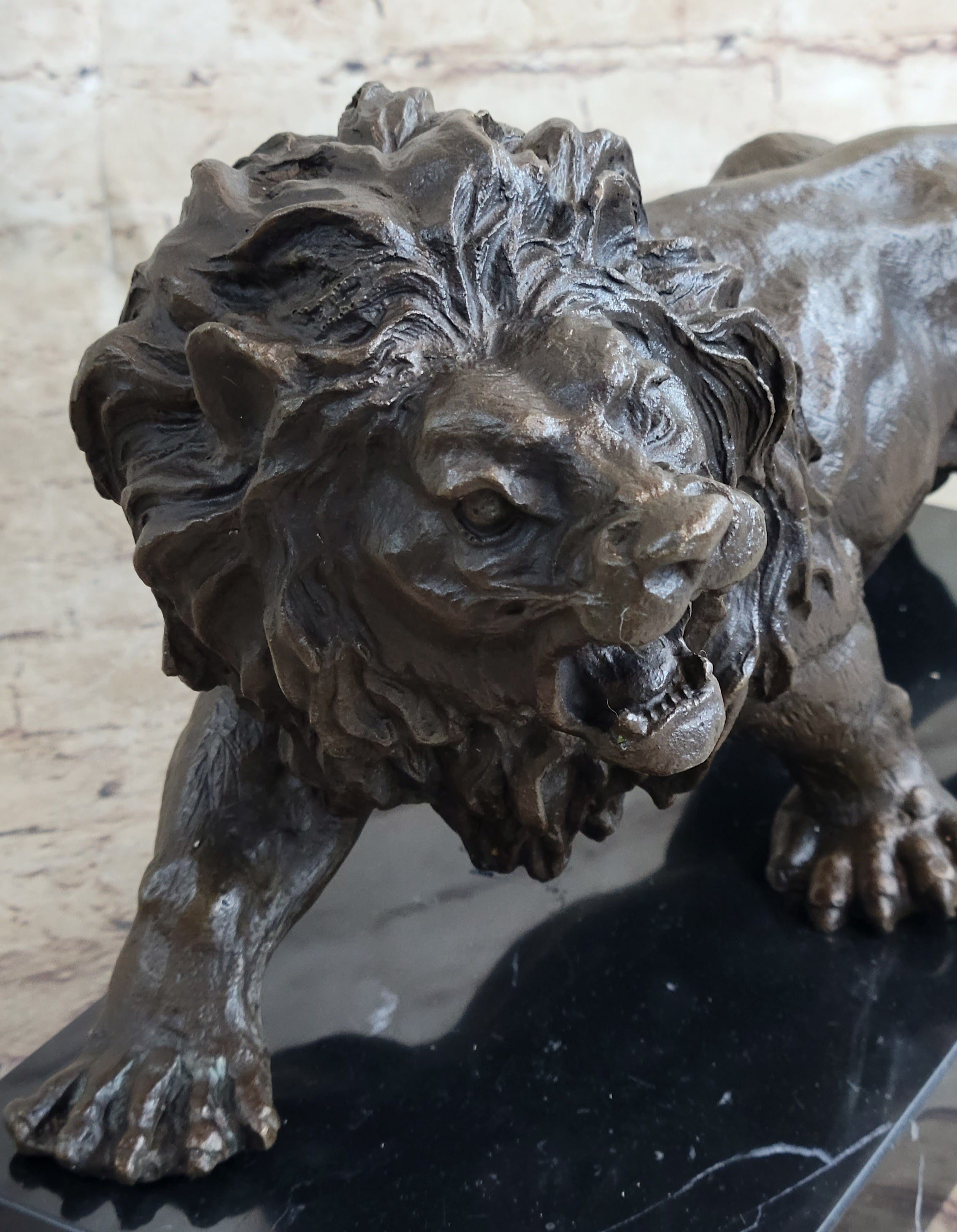 Bronze Angry Hungry Male Lion Art Deco Marble Base