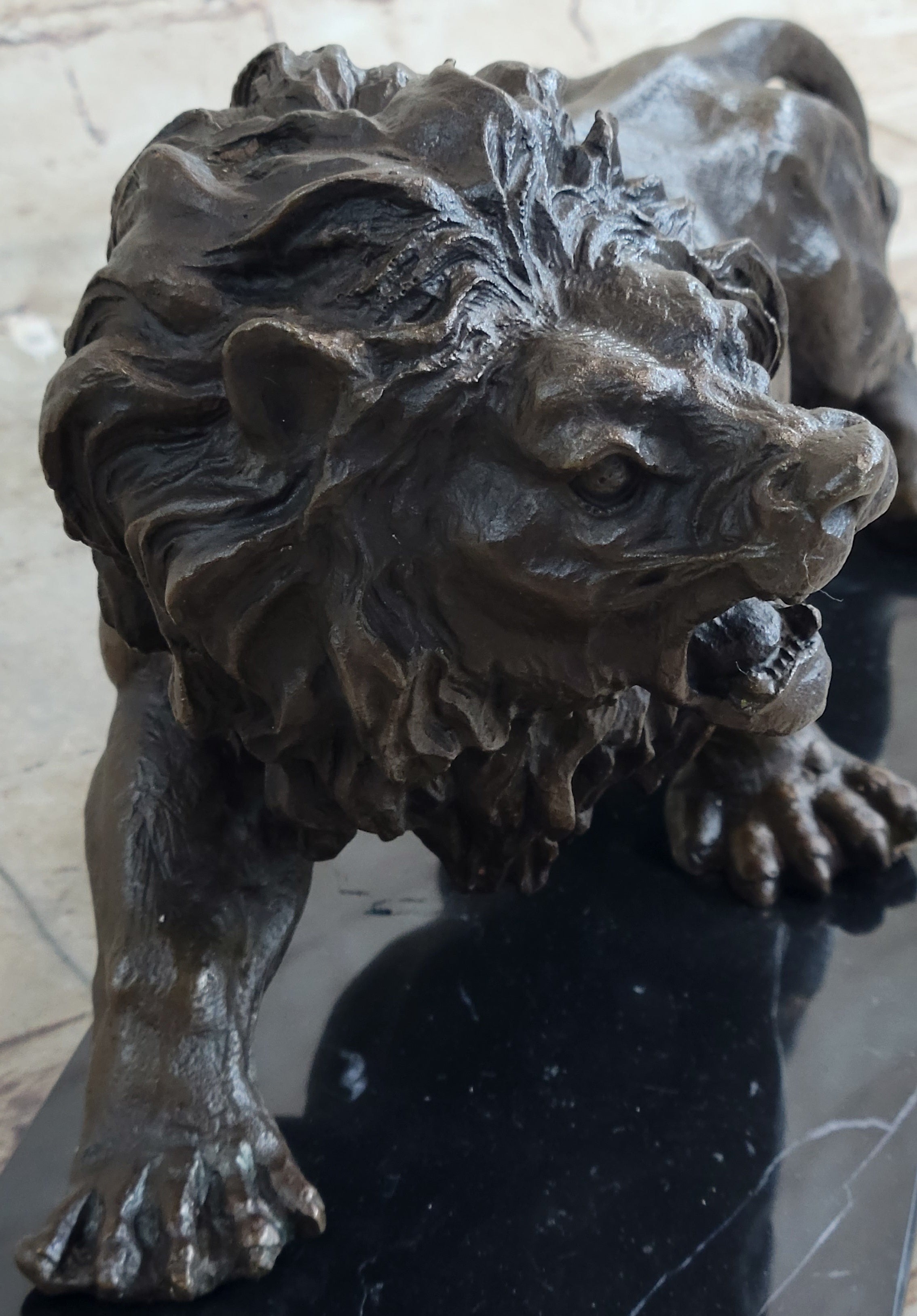 Bronze Angry Hungry Male Lion Art Deco Marble Base