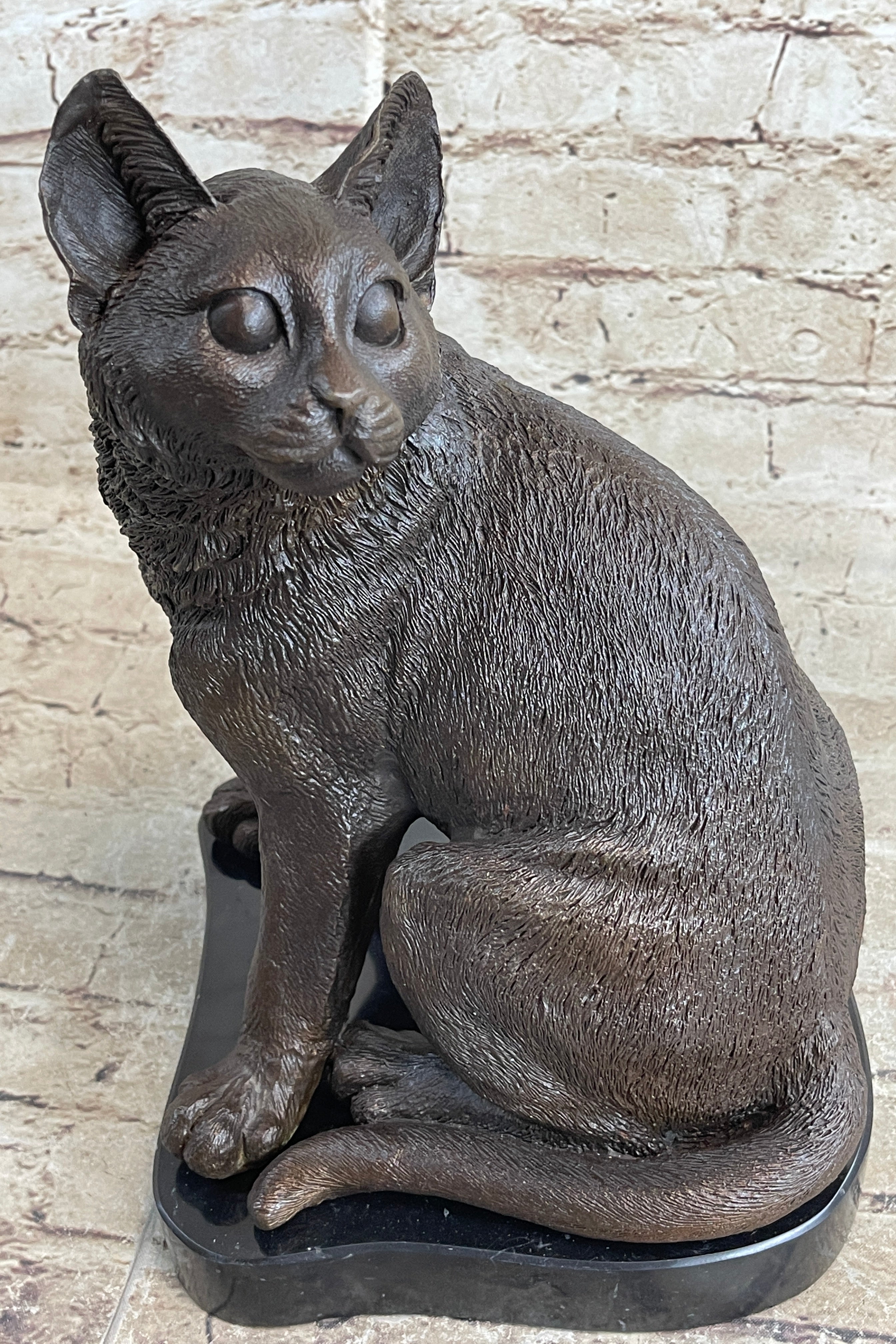 Signed Friendly Cat Feline Bronze Art Deco Marble Base Sculpture