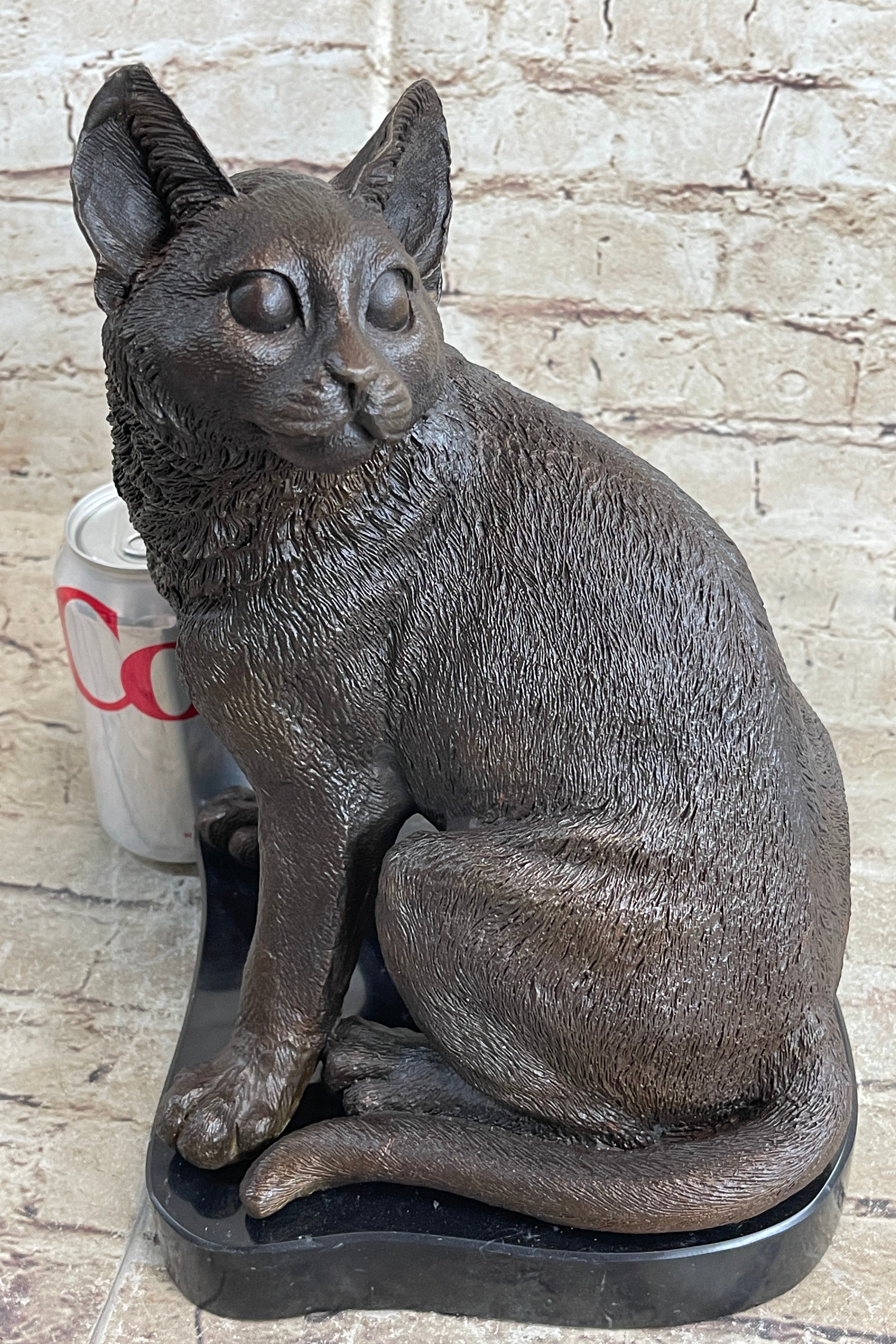 Signed Friendly Cat Feline Bronze Art Deco Marble Base Sculpture