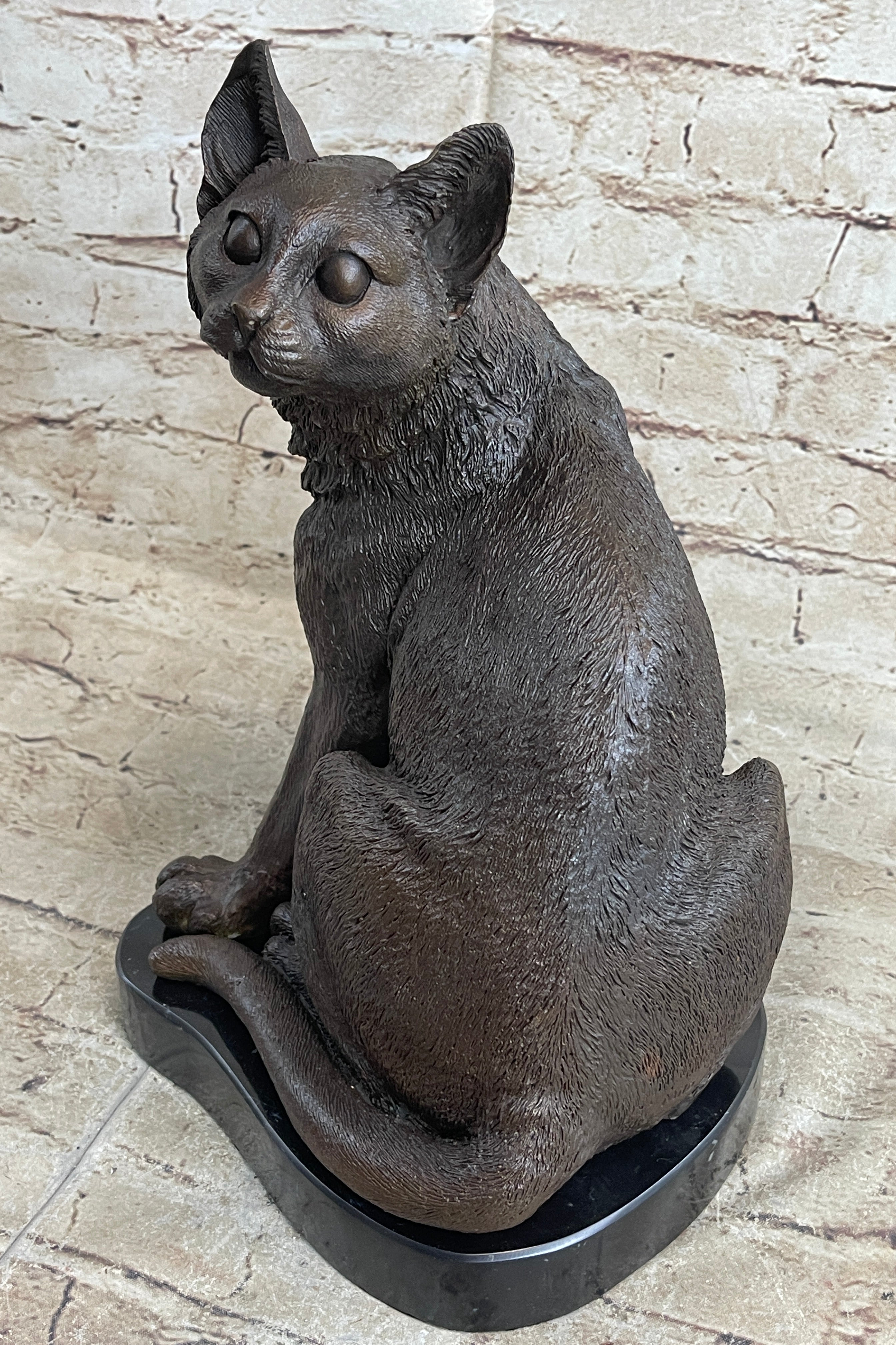 Signed Friendly Cat Feline Bronze Art Deco Marble Base Sculpture