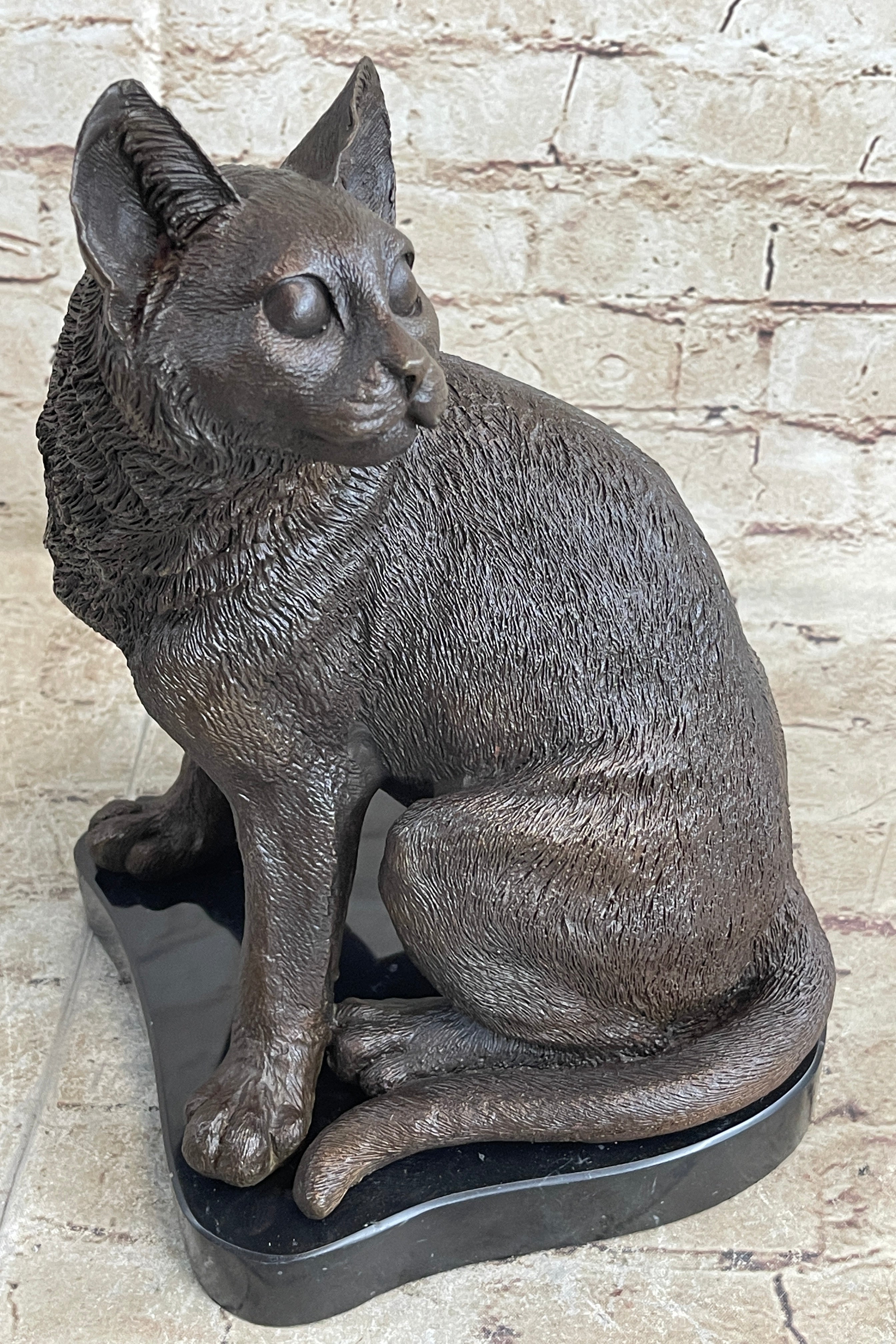 Signed Friendly Cat Feline Bronze Art Deco Marble Base Sculpture