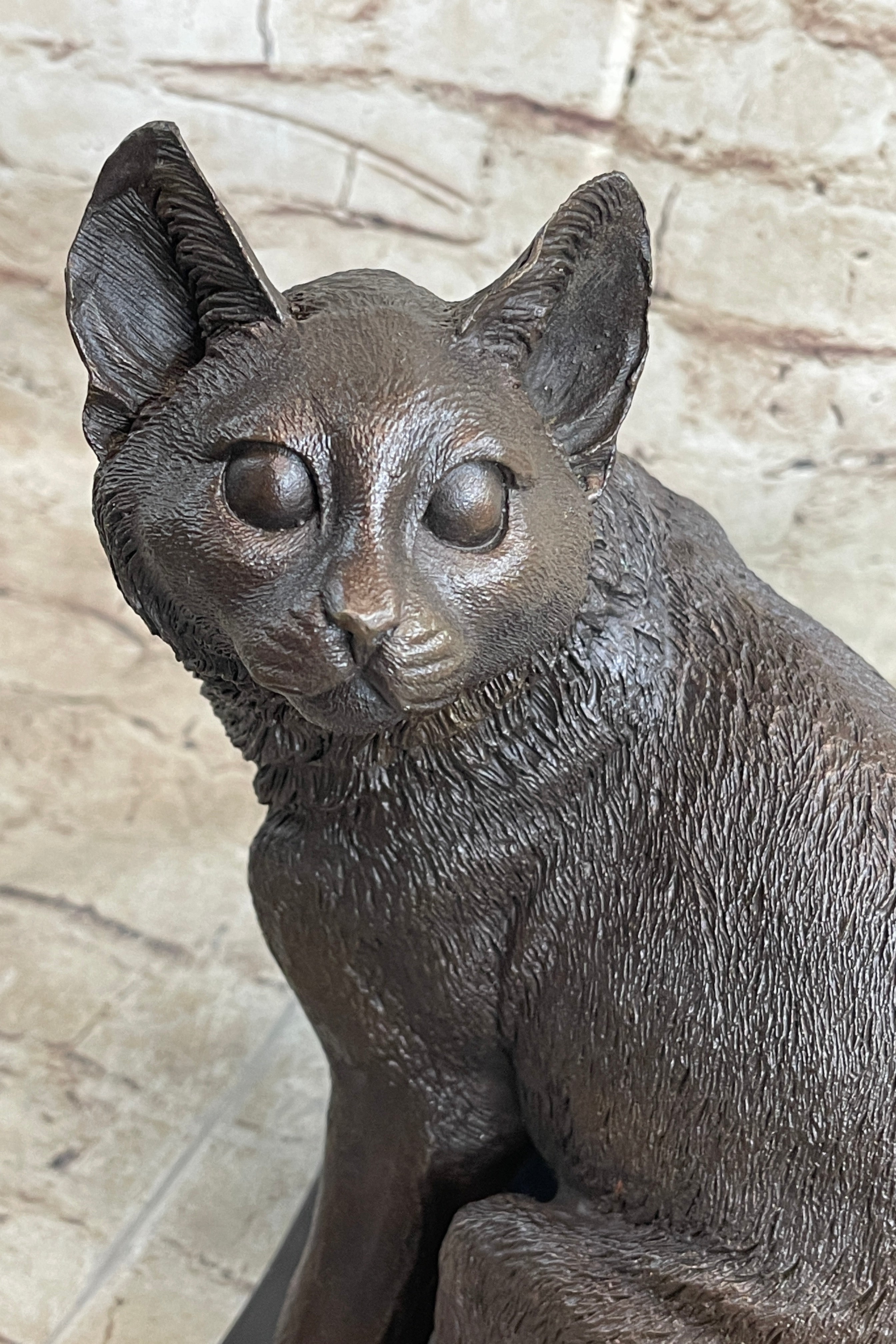 Signed Friendly Cat Feline Bronze Art Deco Marble Base Sculpture