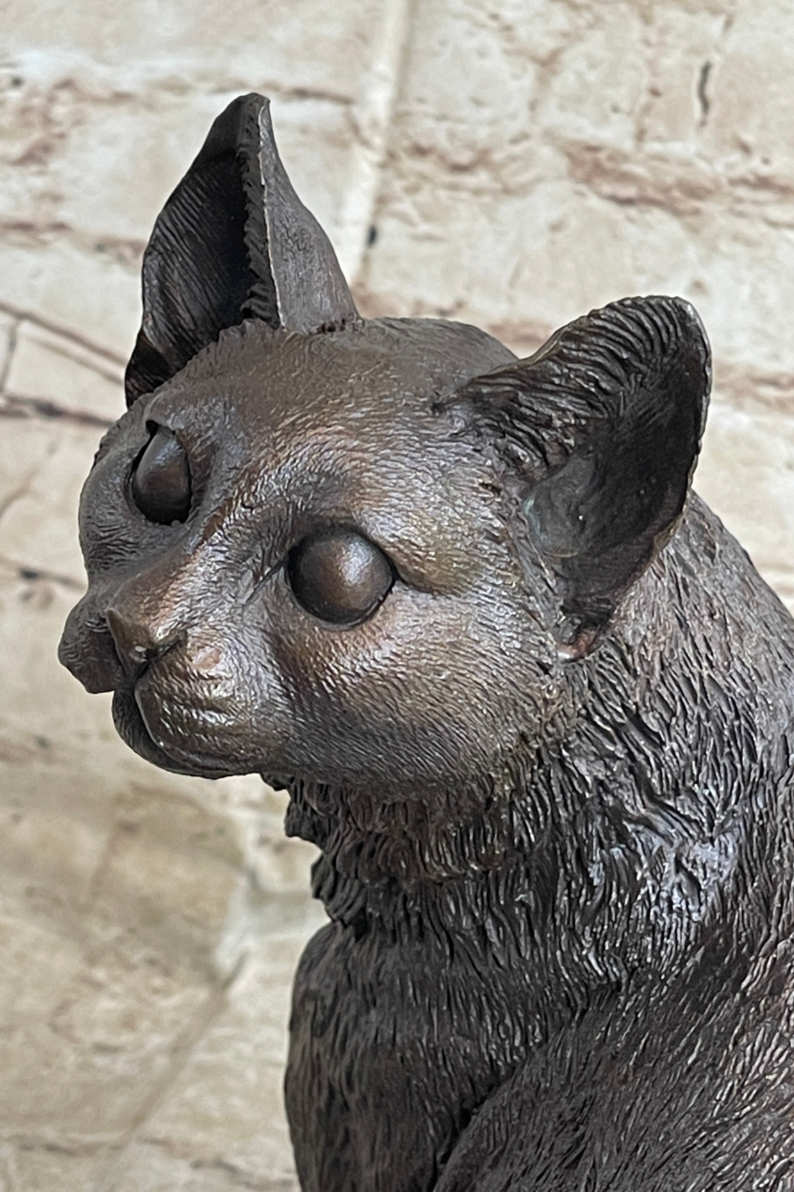 Signed Friendly Cat Feline Bronze Art Deco Marble Base Sculpture
