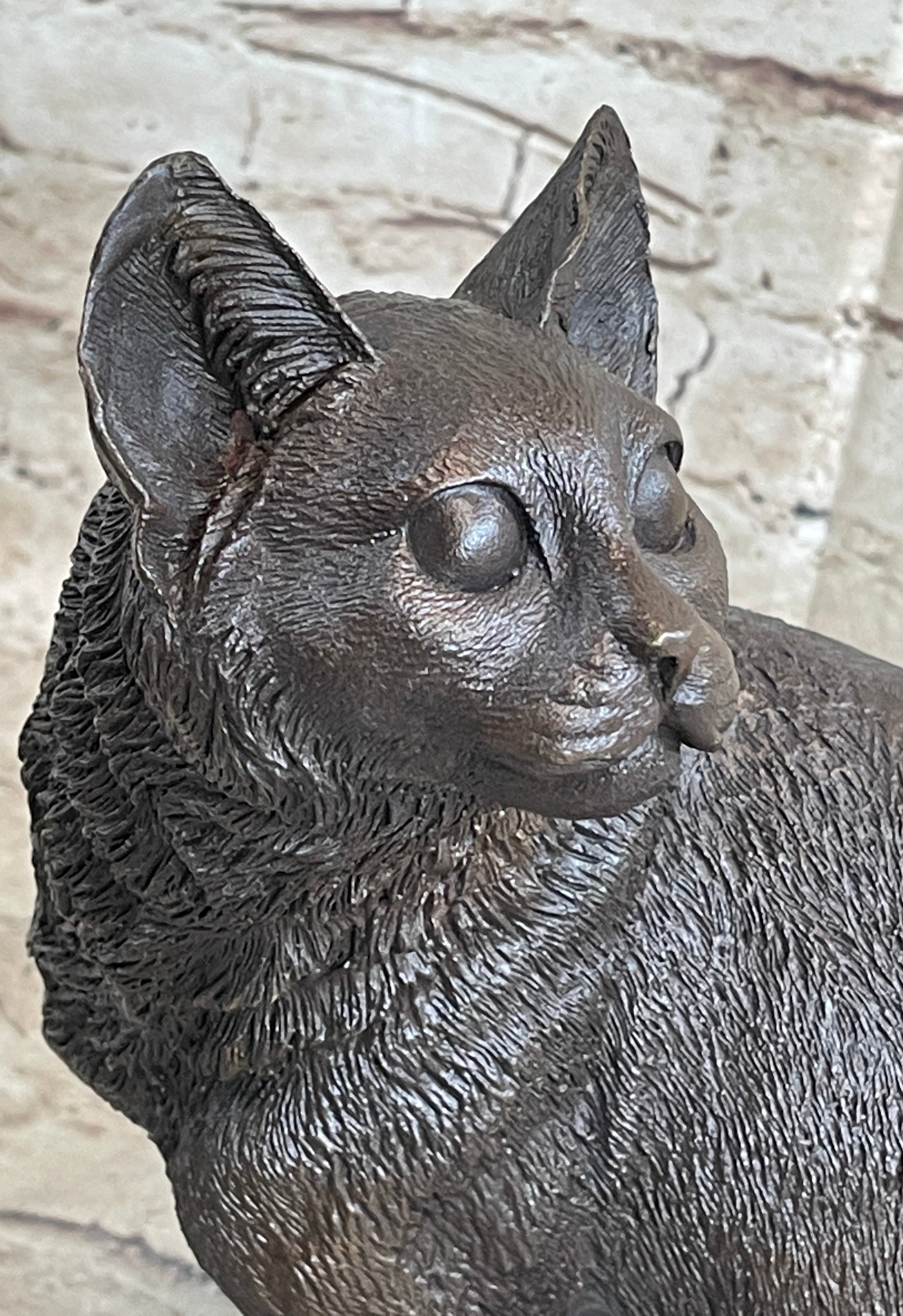 Signed Friendly Cat Feline Bronze Art Deco Marble Base Sculpture