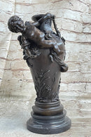 Signed Cherub Angel Vase Bronze Sculpture Marble Base