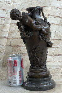Signed Cherub Angel Vase Bronze Sculpture Marble Base