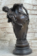 Signed Cherub Angel Vase Bronze Sculpture Marble Base