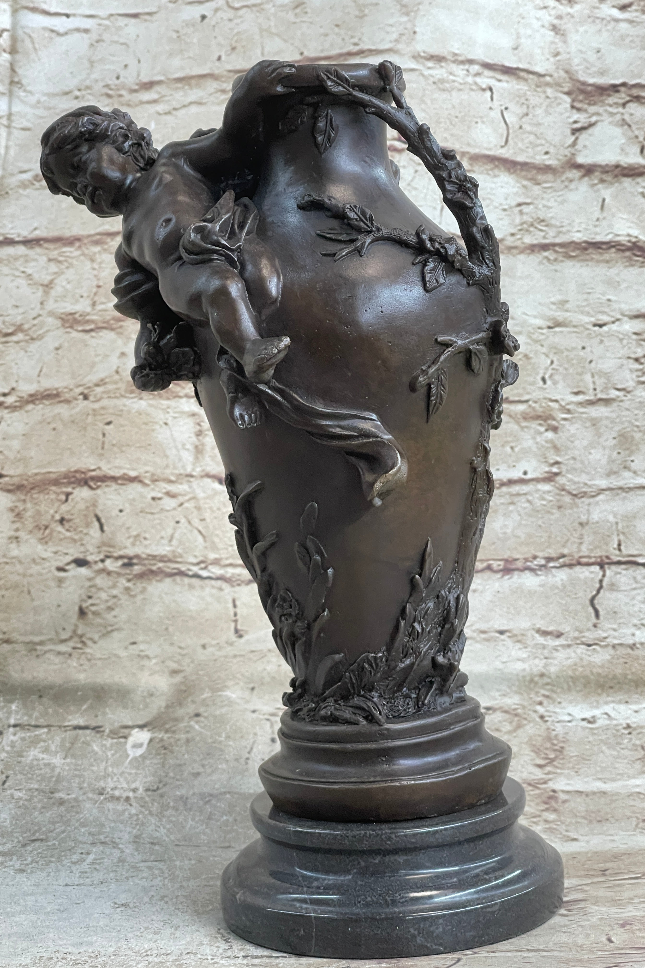 Signed Cherub Angel Vase Bronze Sculpture Marble Base