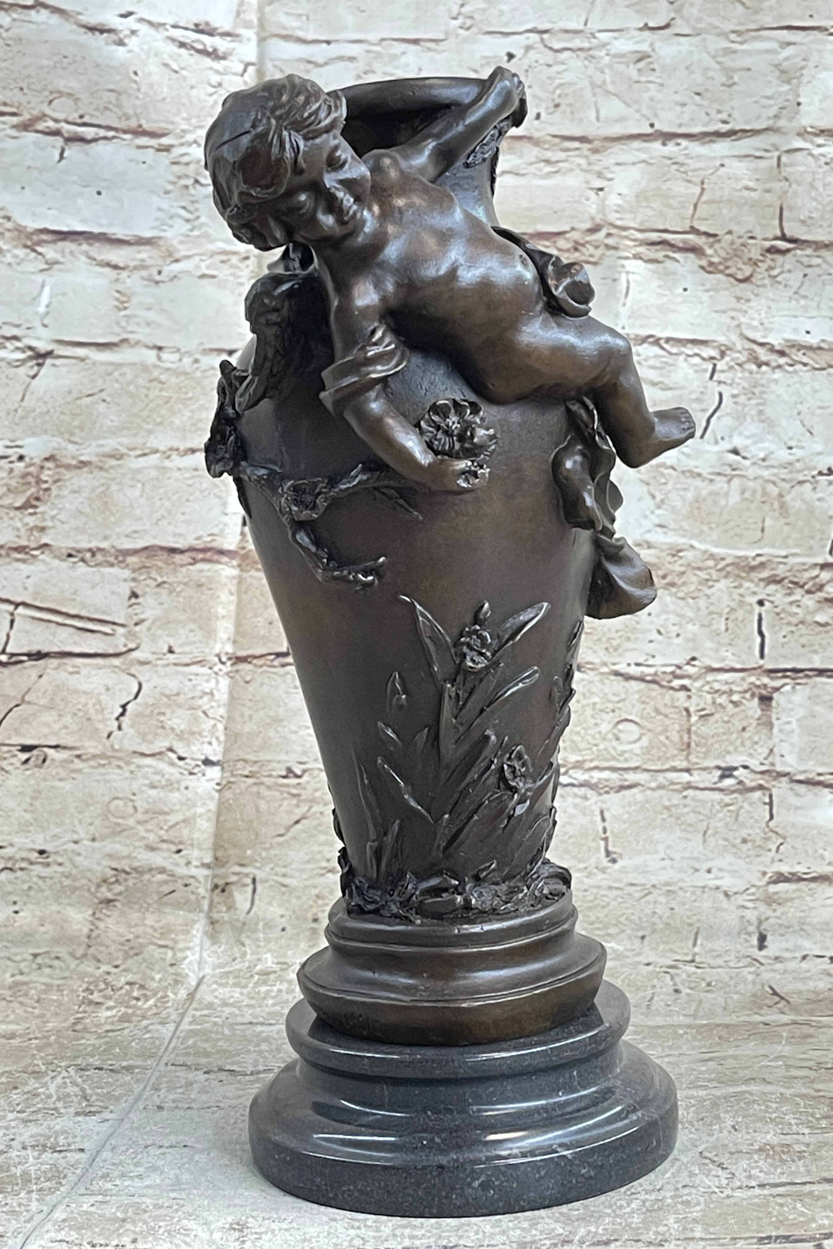 Signed Cherub Angel Vase Bronze Sculpture Marble Base