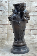 Signed Cherub Angel Vase Bronze Sculpture Marble Base