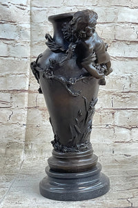 Signed Cherub Angel Vase Bronze Sculpture Marble Base