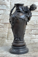 Signed Cherub Angel Vase Bronze Sculpture Marble Base