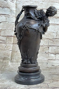 Signed Cherub Angel Vase Bronze Sculpture Marble Base