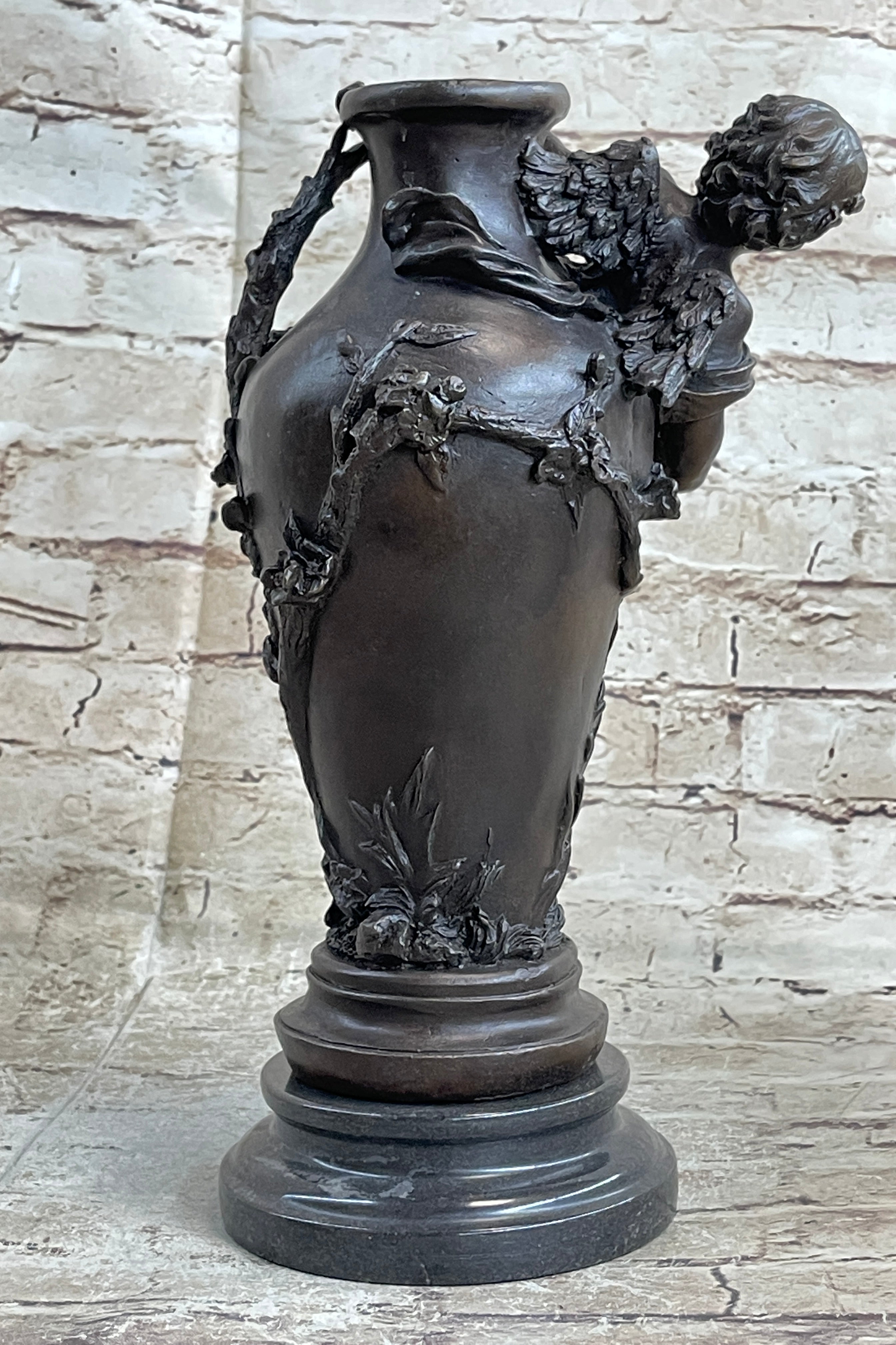 Signed Cherub Angel Vase Bronze Sculpture Marble Base