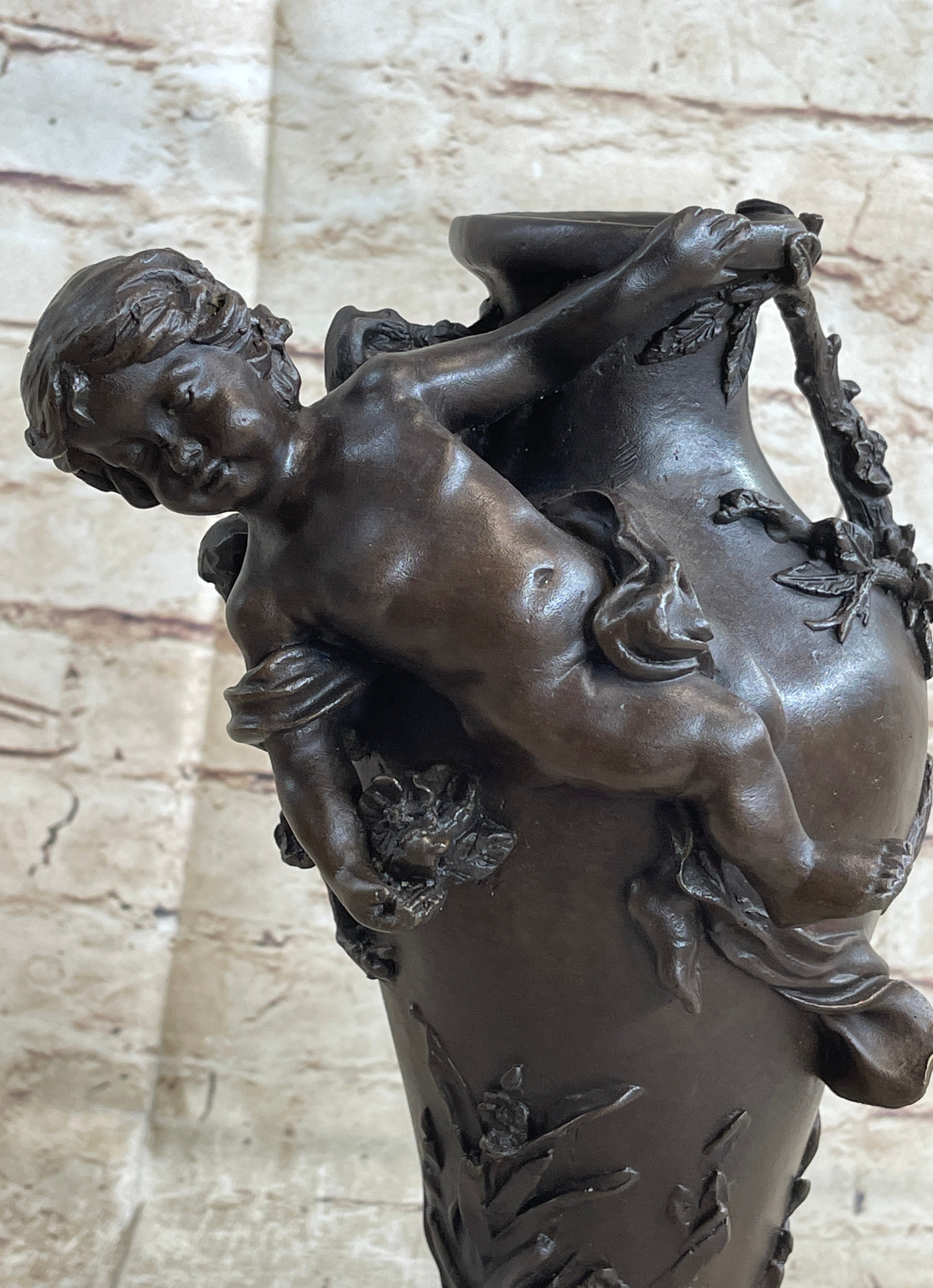 Signed Cherub Angel Vase Bronze Sculpture Marble Base