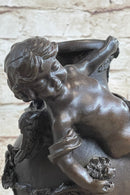 Signed Cherub Angel Vase Bronze Sculpture Marble Base