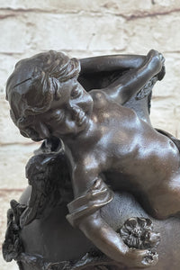 Signed Cherub Angel Vase Bronze Sculpture Marble Base