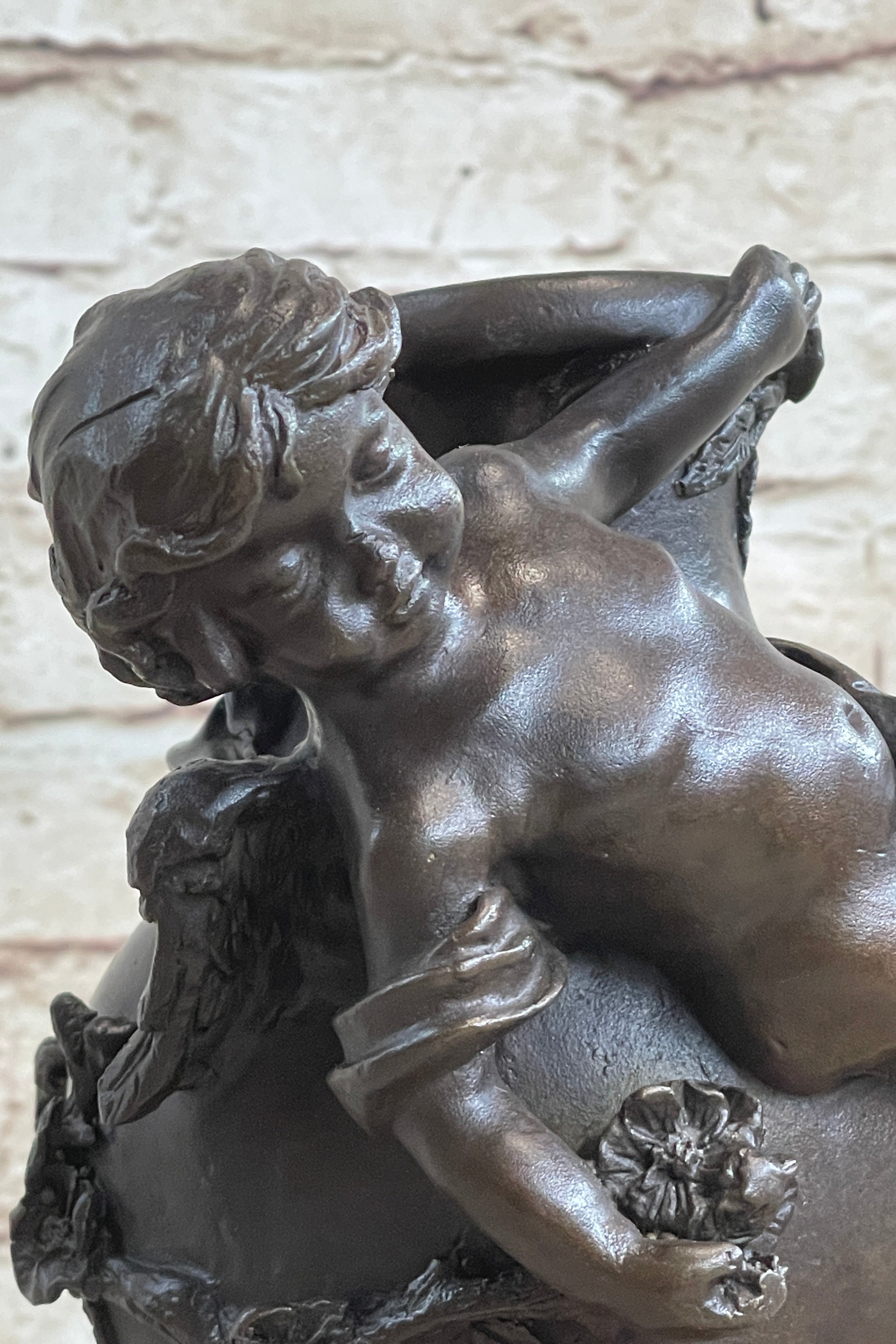 Signed Cherub Angel Vase Bronze Sculpture Marble Base