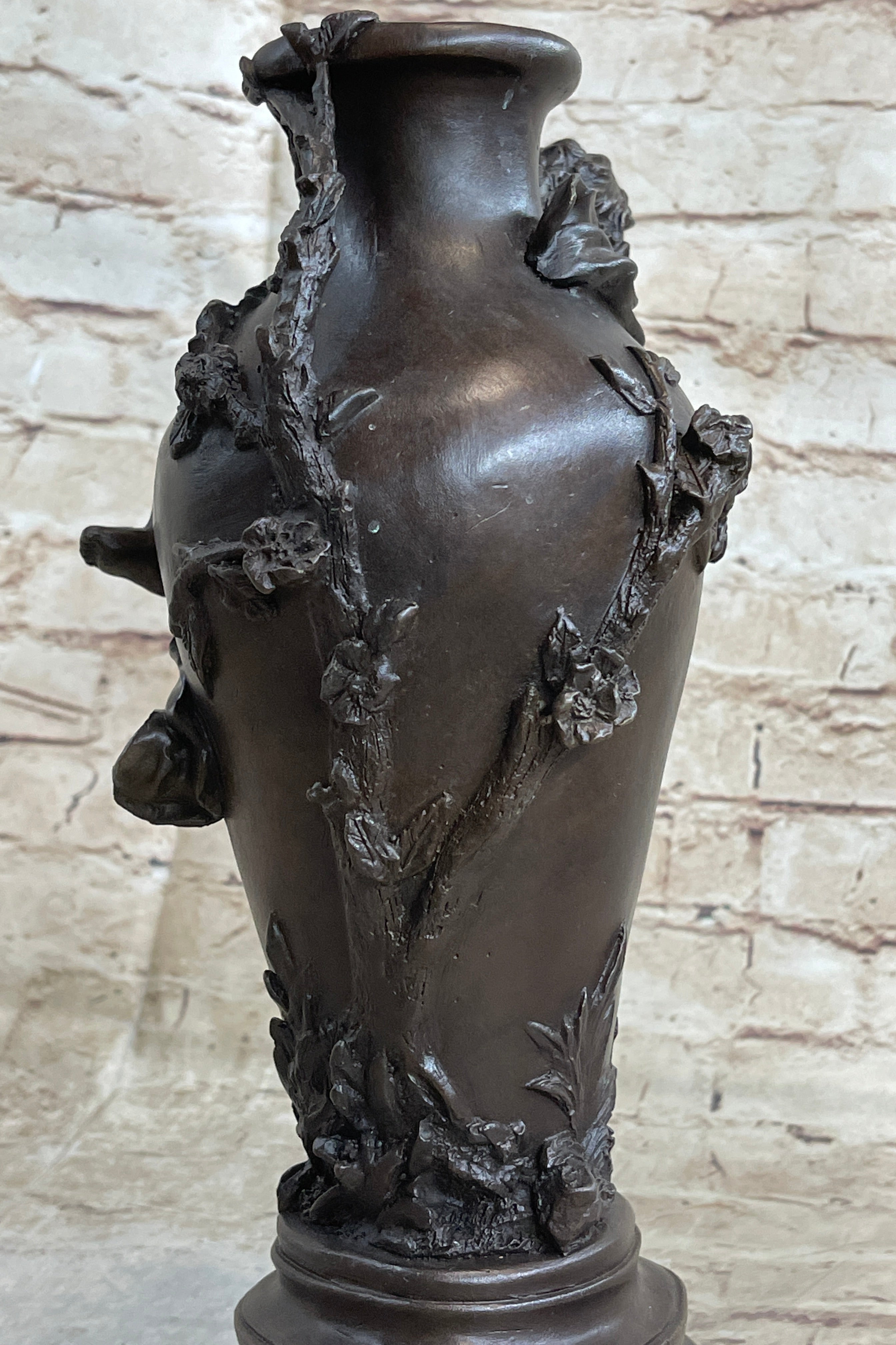 Signed Cherub Angel Vase Bronze Sculpture Marble Base