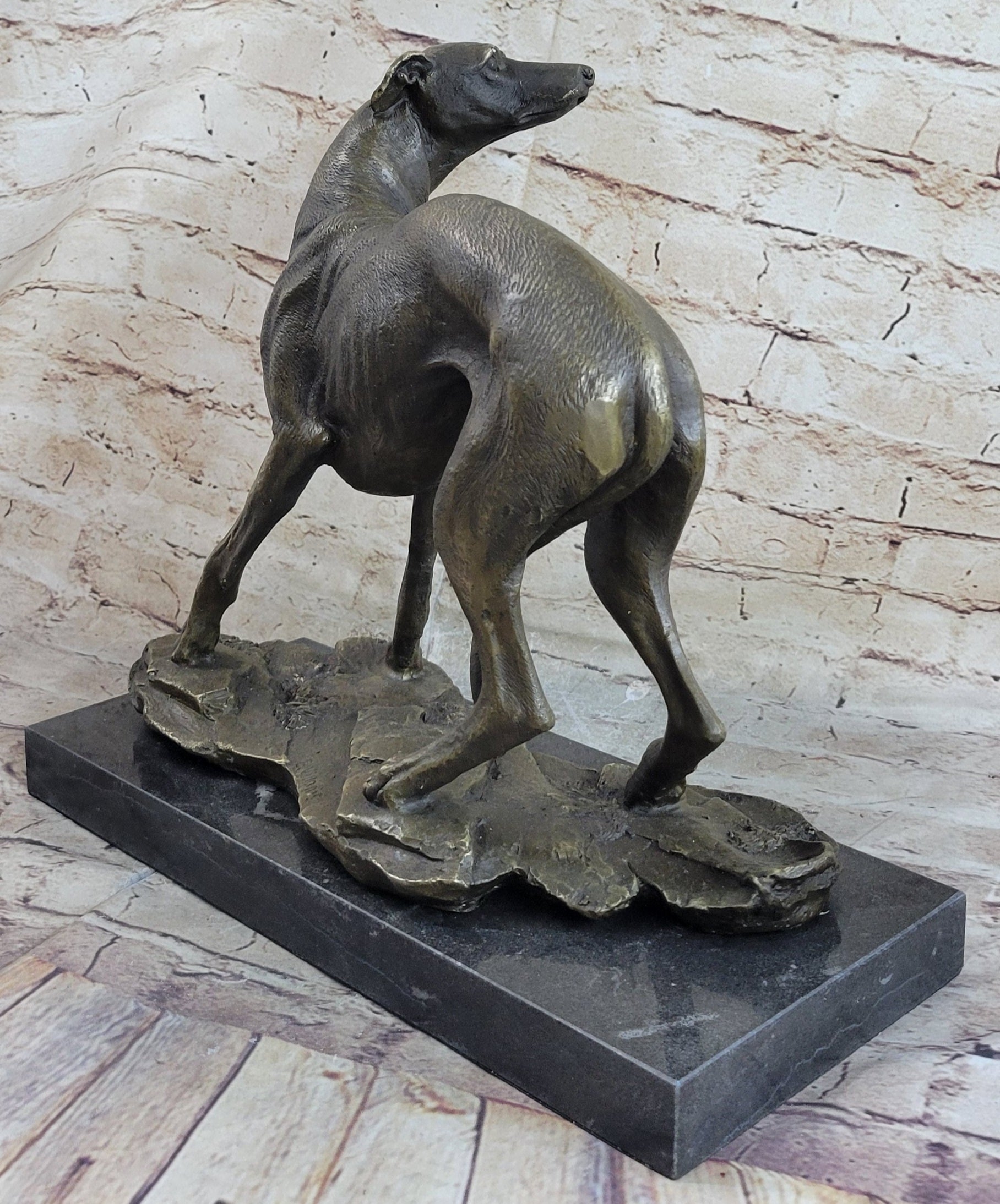 Greyhound Whippet Bronze Metal Sculpture on Marble Base