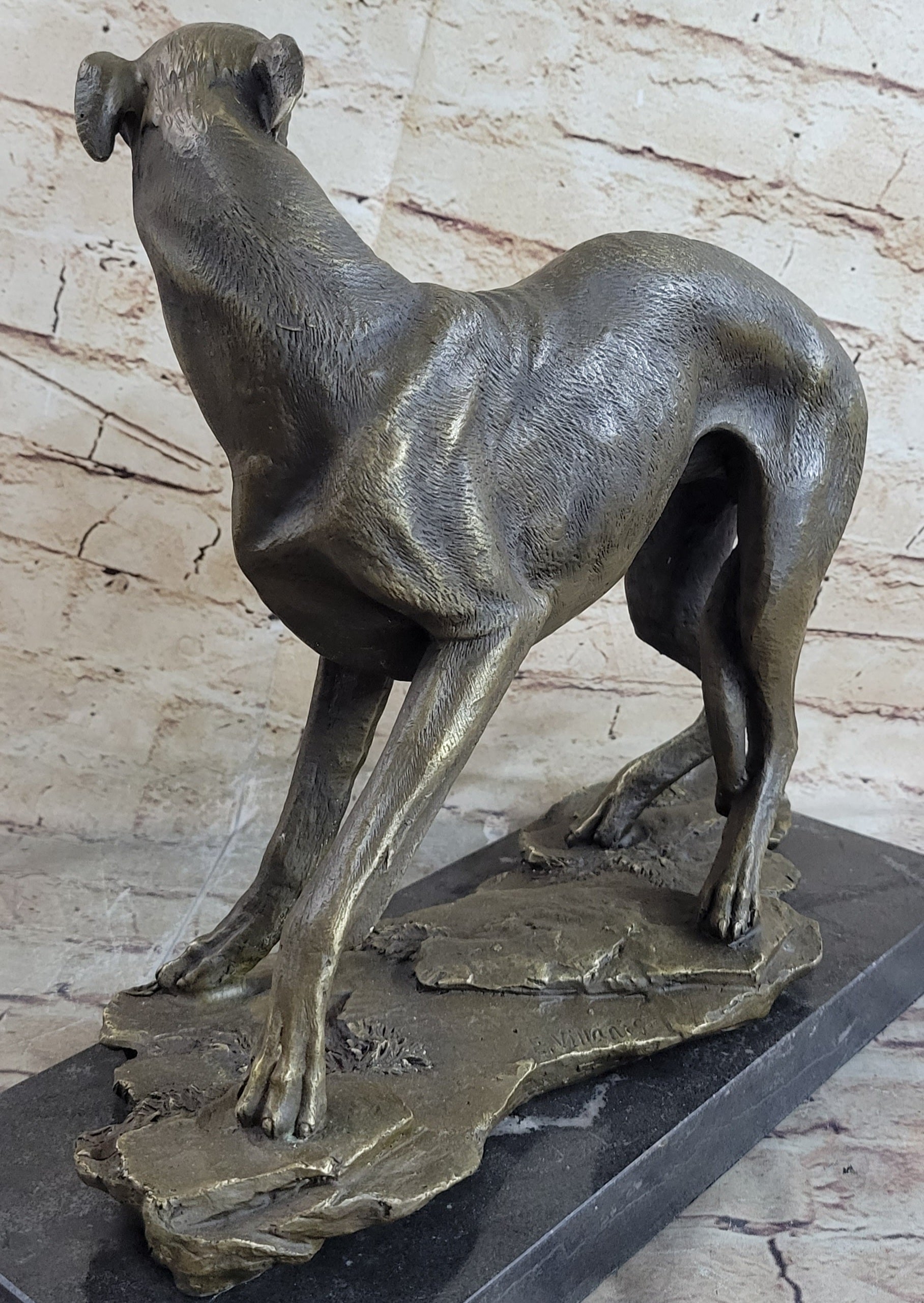 Greyhound Whippet Bronze Metal Sculpture on Marble Base