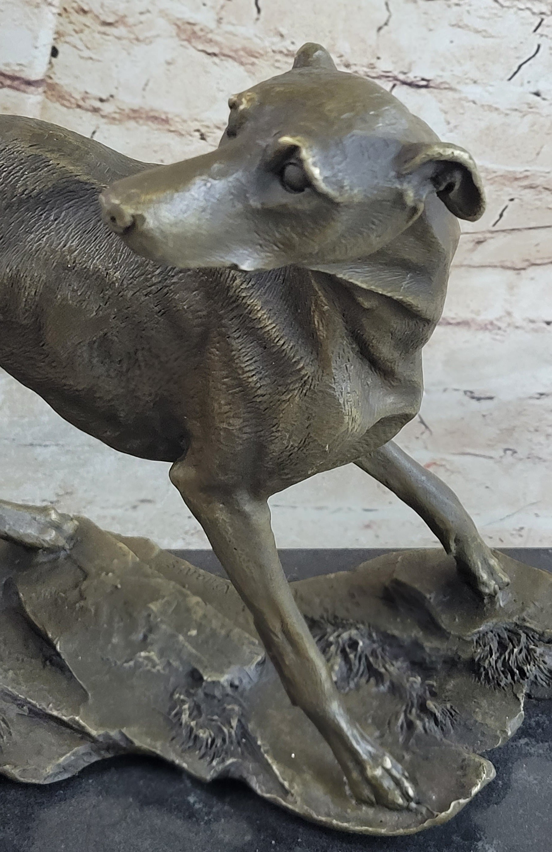 Greyhound Whippet Bronze Metal Sculpture on Marble Base