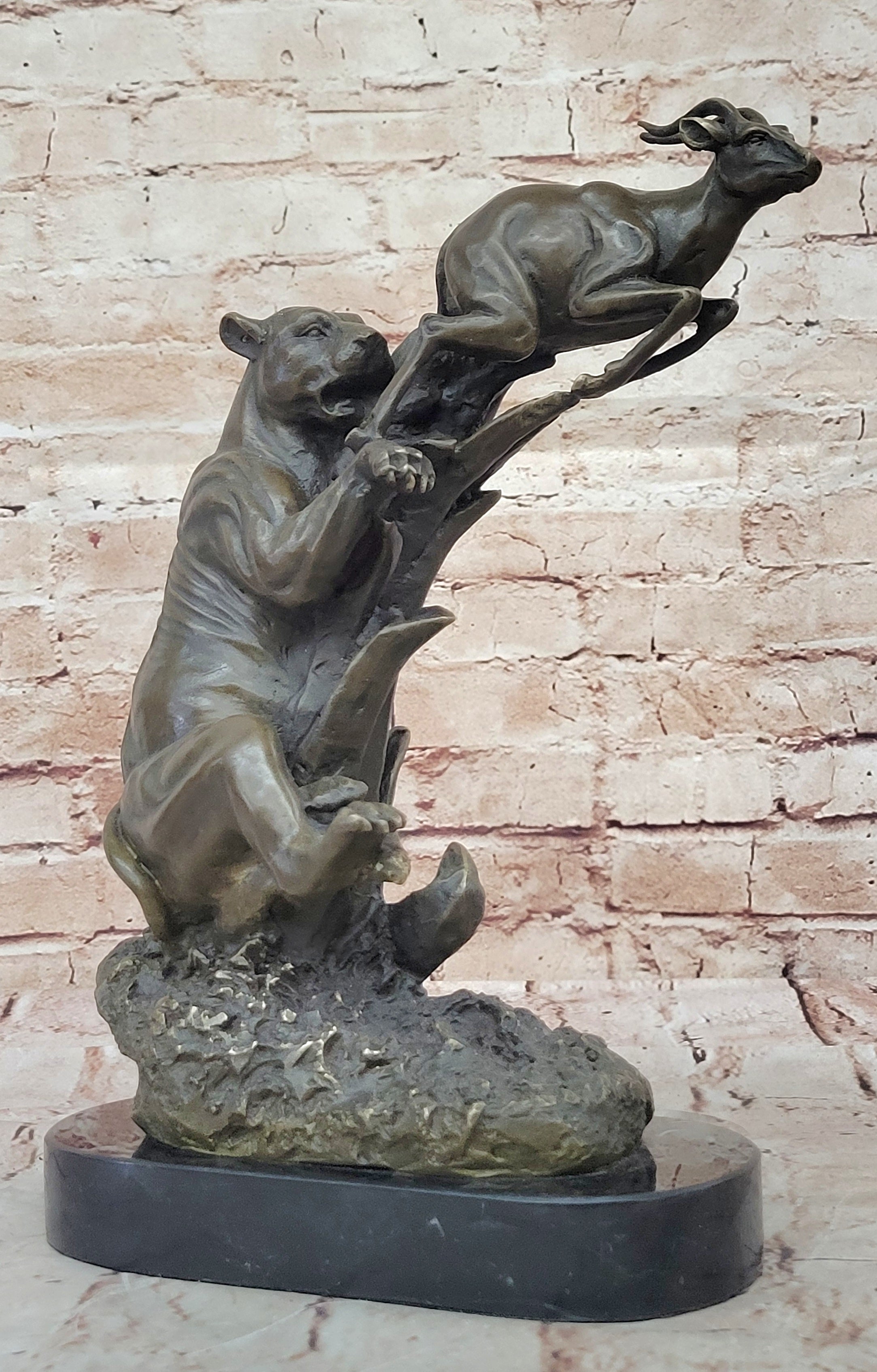 Bronze Sculpture of Lion Hunting Gazelle Impala Safari