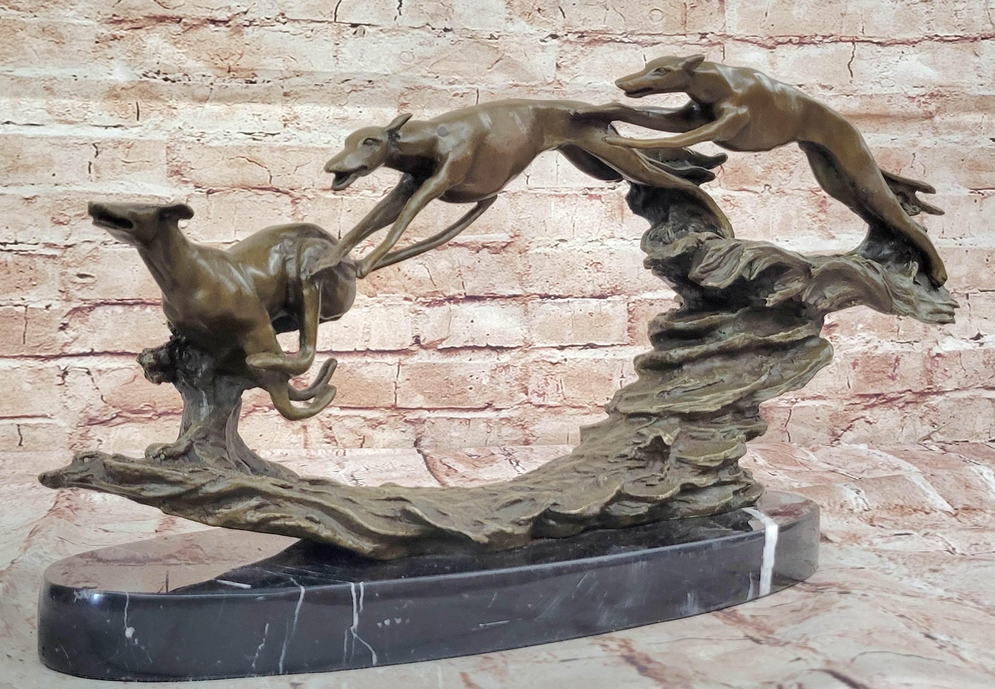 Bronze Greyhound Dog Racing Sculpture – Leaping Trio Art