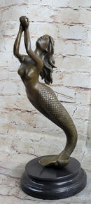 Signed Roche Nude Mythical Mermaid Bronze Sculpture Figure Art