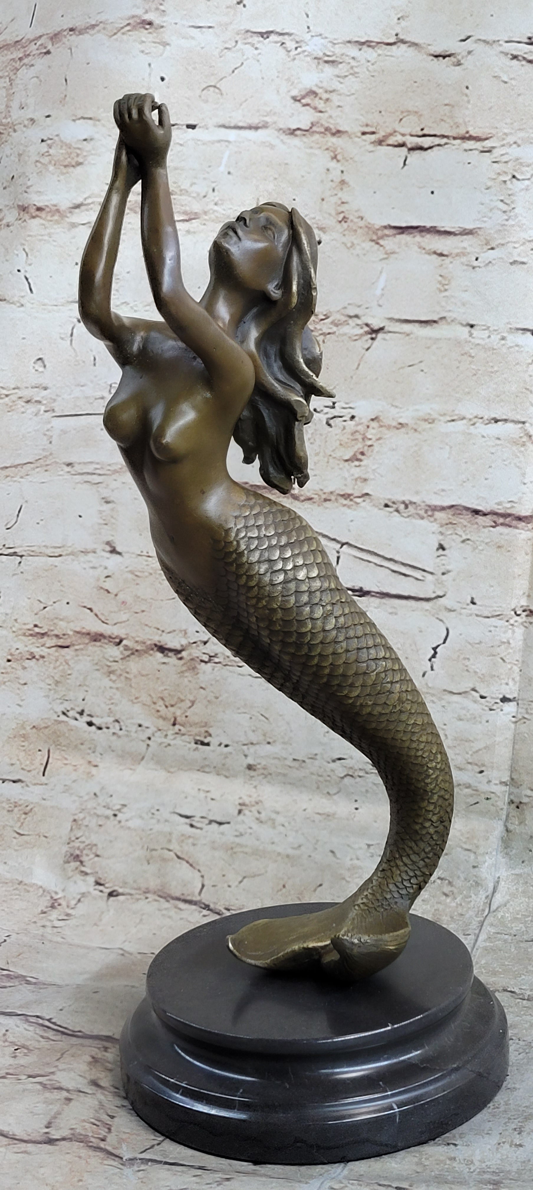Signed Roche Nude Mythical Mermaid Bronze Sculpture Figure Art