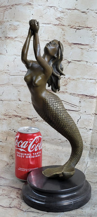 Signed Roche Nude Mythical Mermaid Bronze Sculpture Figure Art