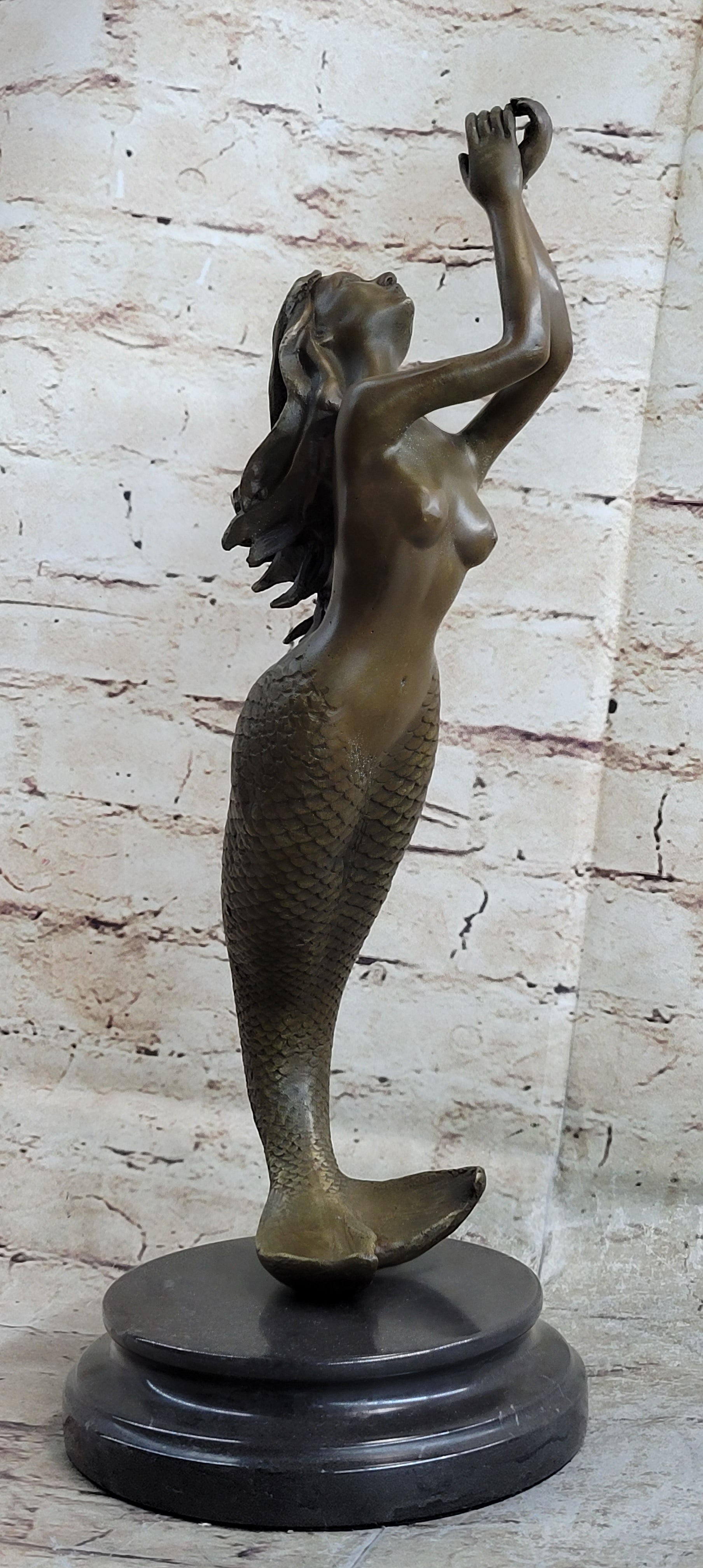 Signed Roche Nude Mythical Mermaid Bronze Sculpture Figure Art