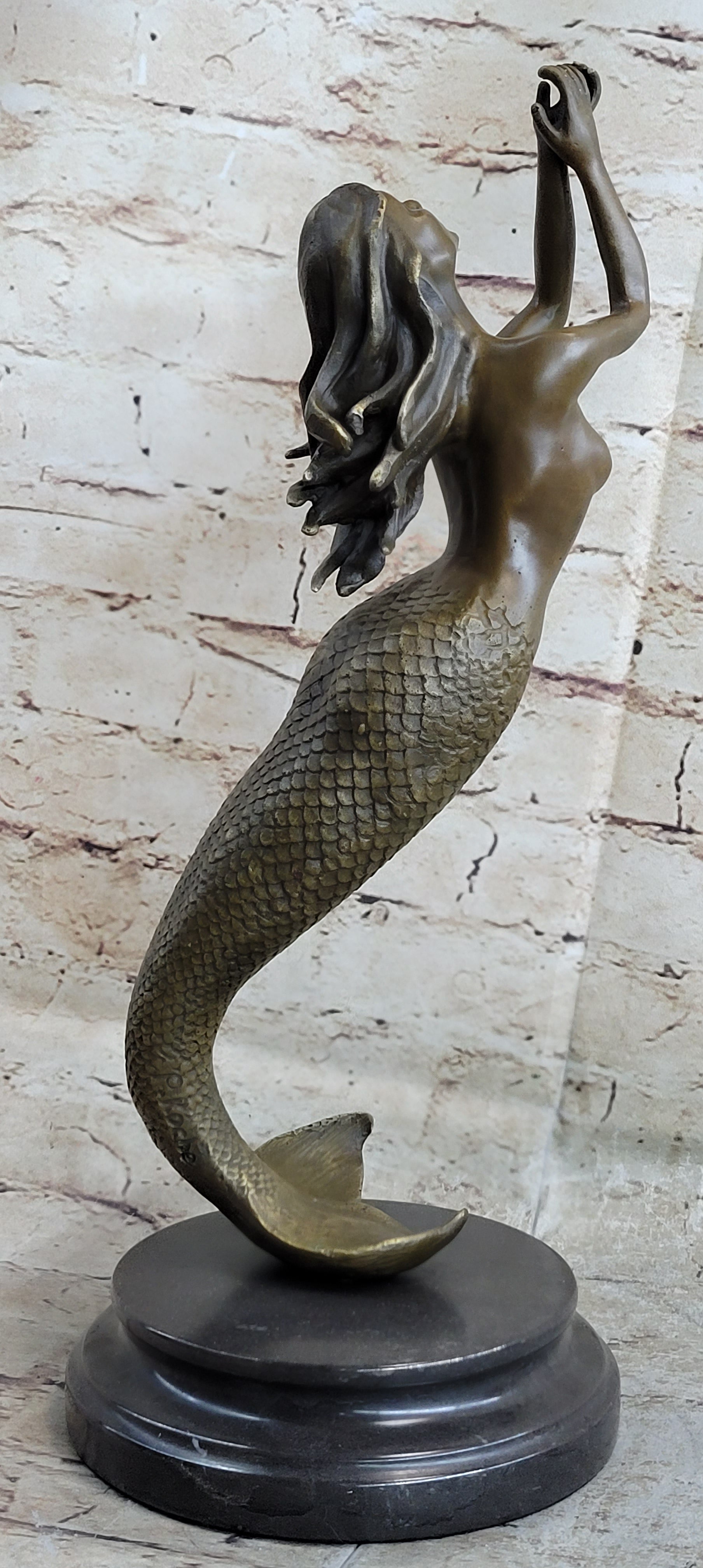 Signed Roche Nude Mythical Mermaid Bronze Sculpture Figure Art
