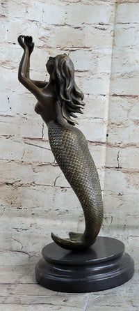 Signed Roche Nude Mythical Mermaid Bronze Sculpture Figure Art
