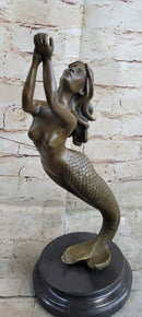 Signed Roche Nude Mythical Mermaid Bronze Sculpture Figure Art