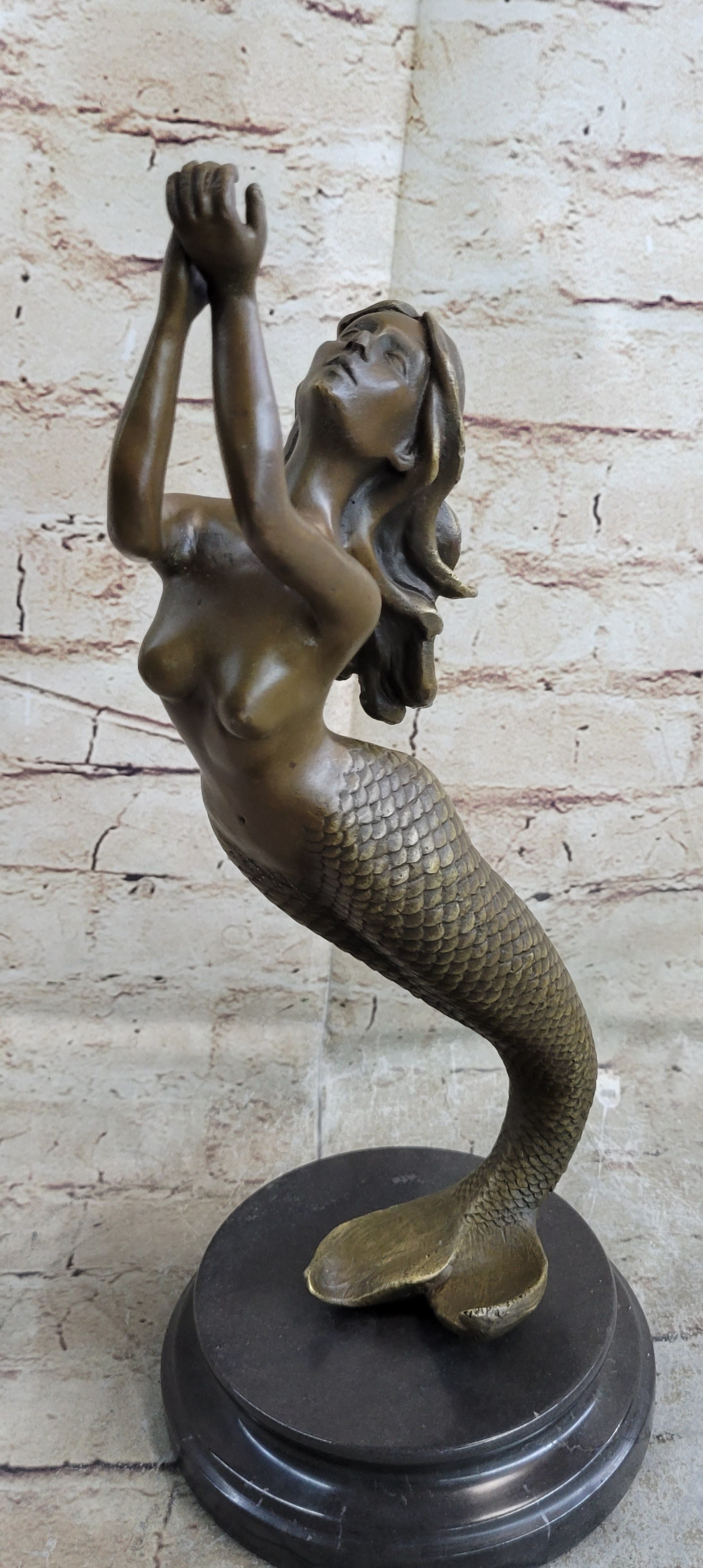 Signed Roche Nude Mythical Mermaid Bronze Sculpture Figure Art