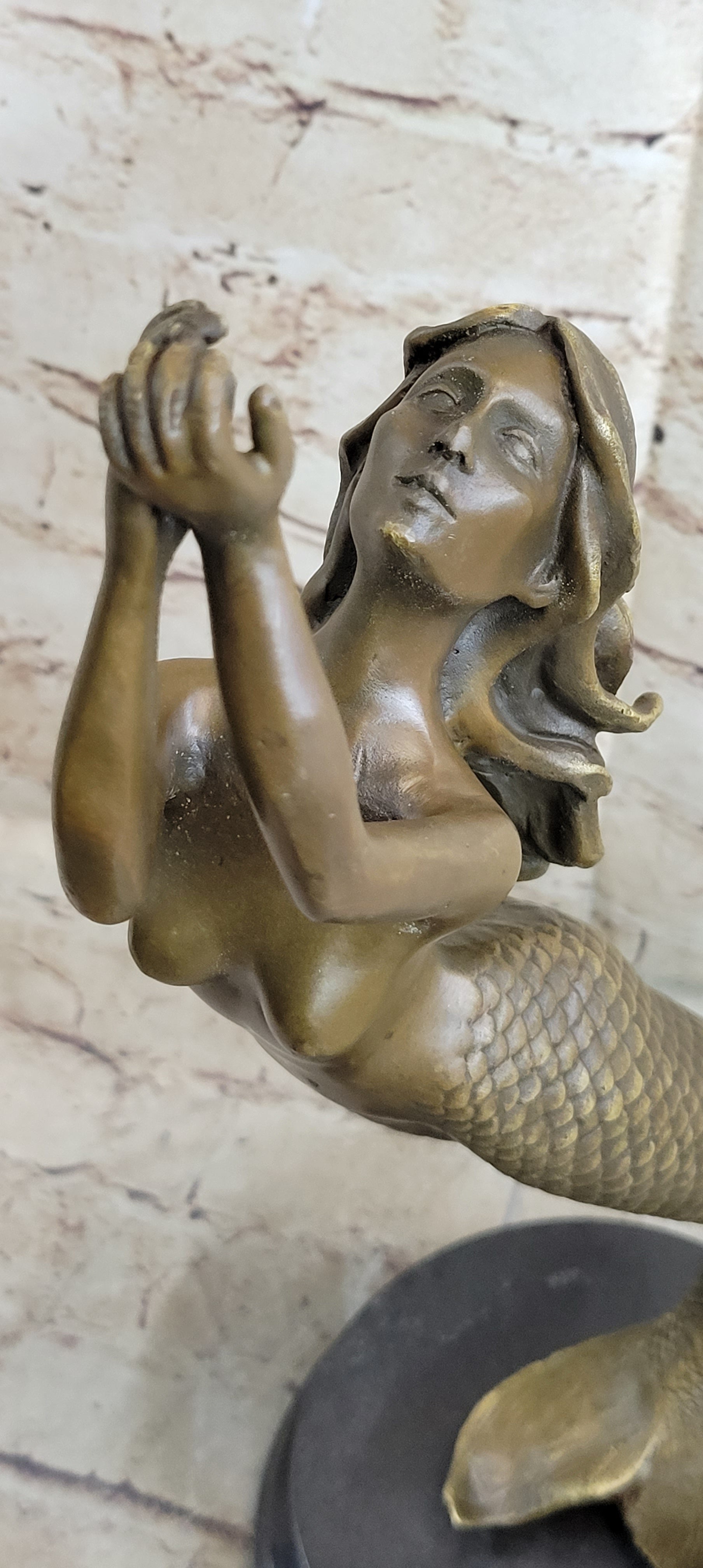 Signed Roche Nude Mythical Mermaid Bronze Sculpture Figure Art