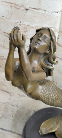 Signed Roche Nude Mythical Mermaid Bronze Sculpture Figure Art